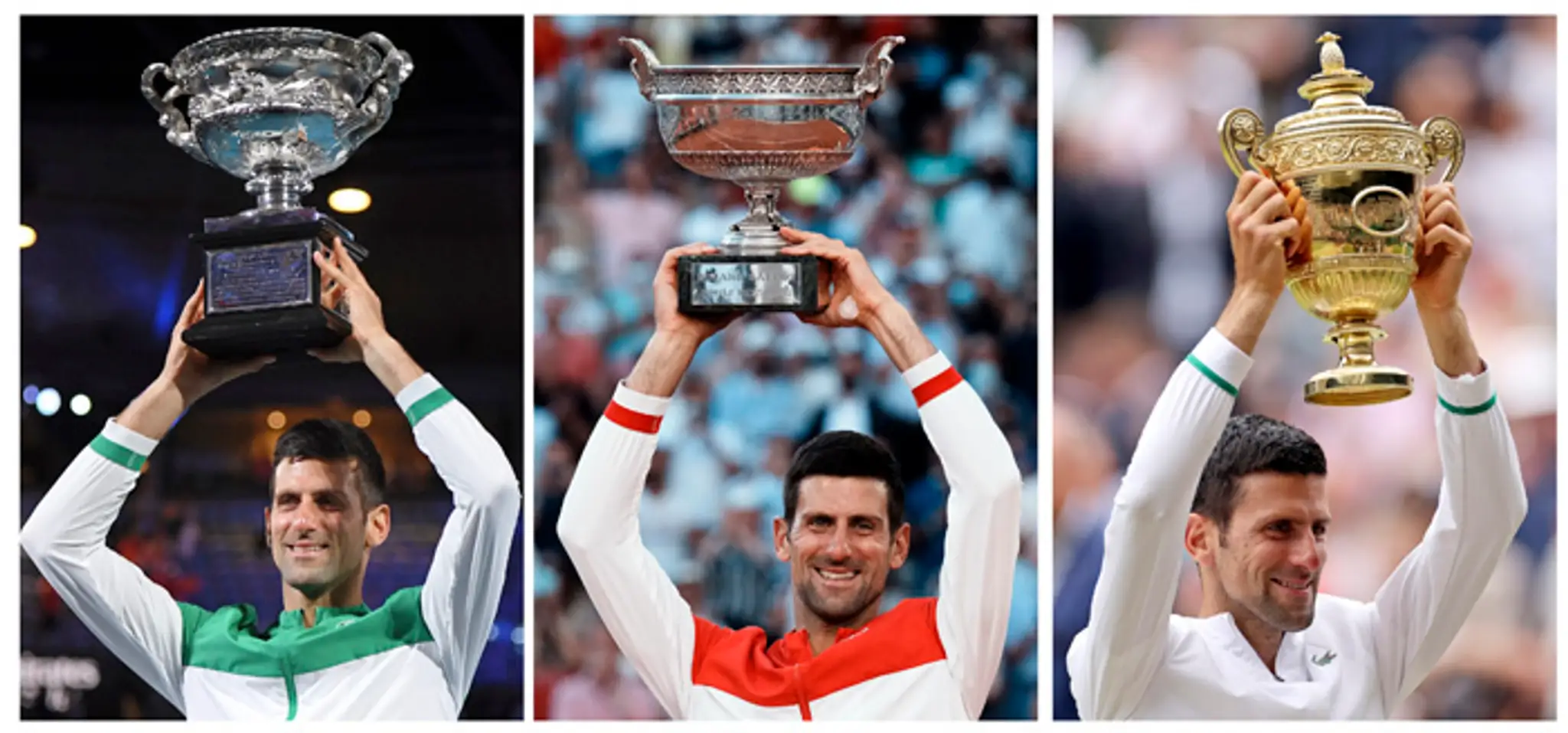 Novak Djokovič s trofejami na grandslamových turnajoch - zľava Australian Open, Roland Garros a Wimbledon.