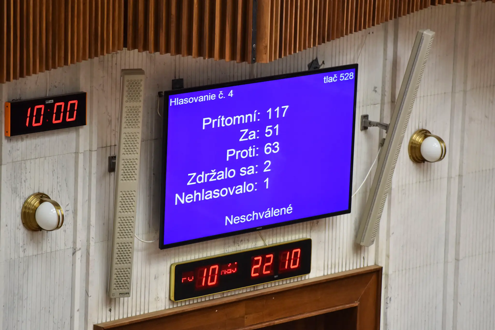 Hlasovacia tabuľa po skončení hlasovania o vyslovení nedôvery ministerke spravodlivosti