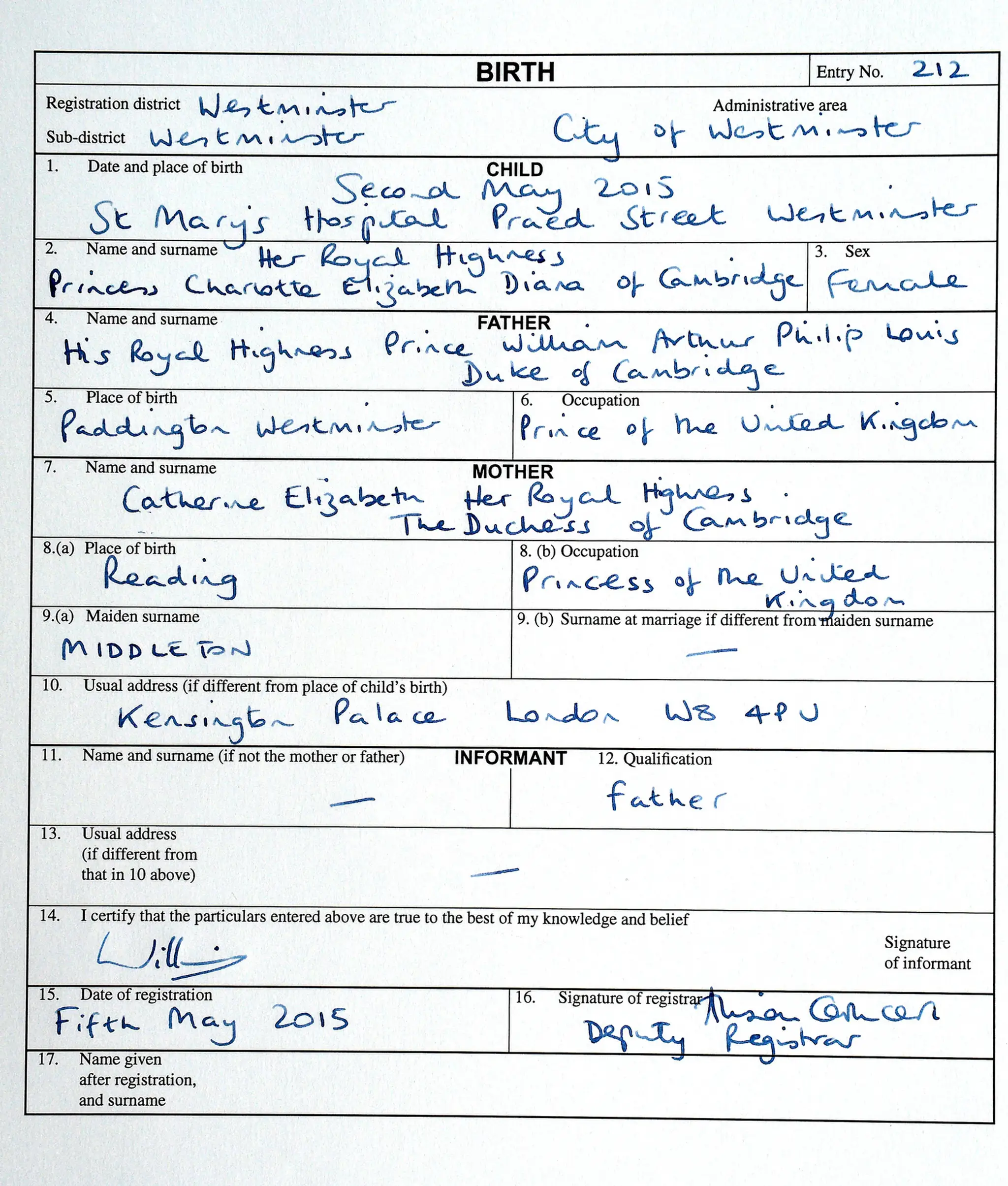 Rodný list princeznej Charlotty z Cambridge.