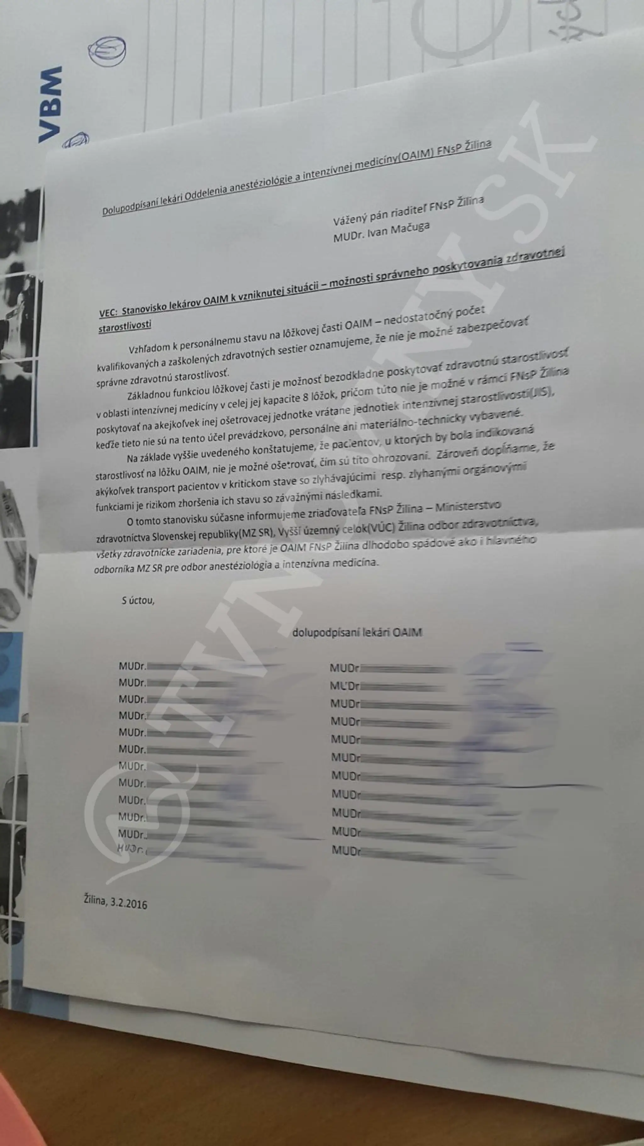 List lekárov riaditeľovi žilinskej nemocnice.