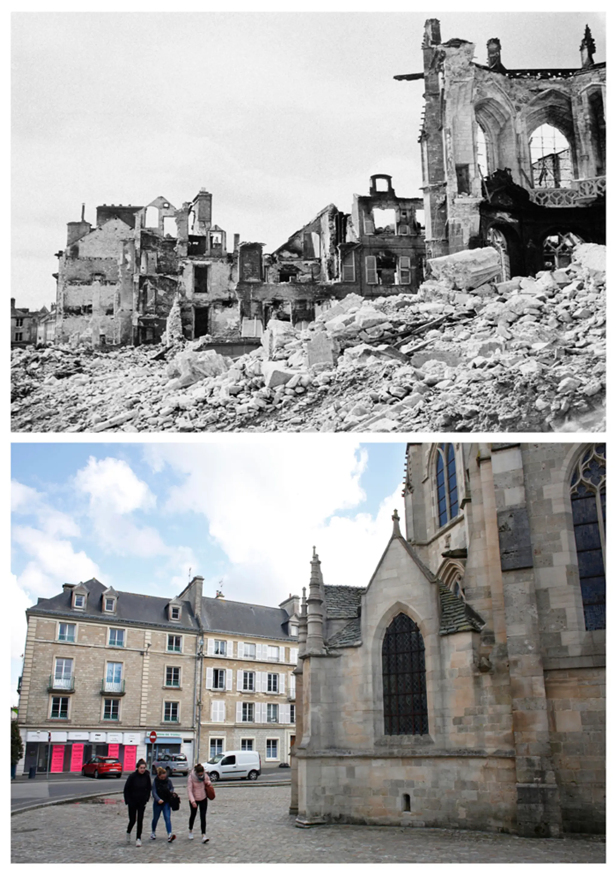 Francúzsky muž a americký vojak debatujú pred Mont-St-Michel v Normandii. (8. augusta 1944) a dnes.
