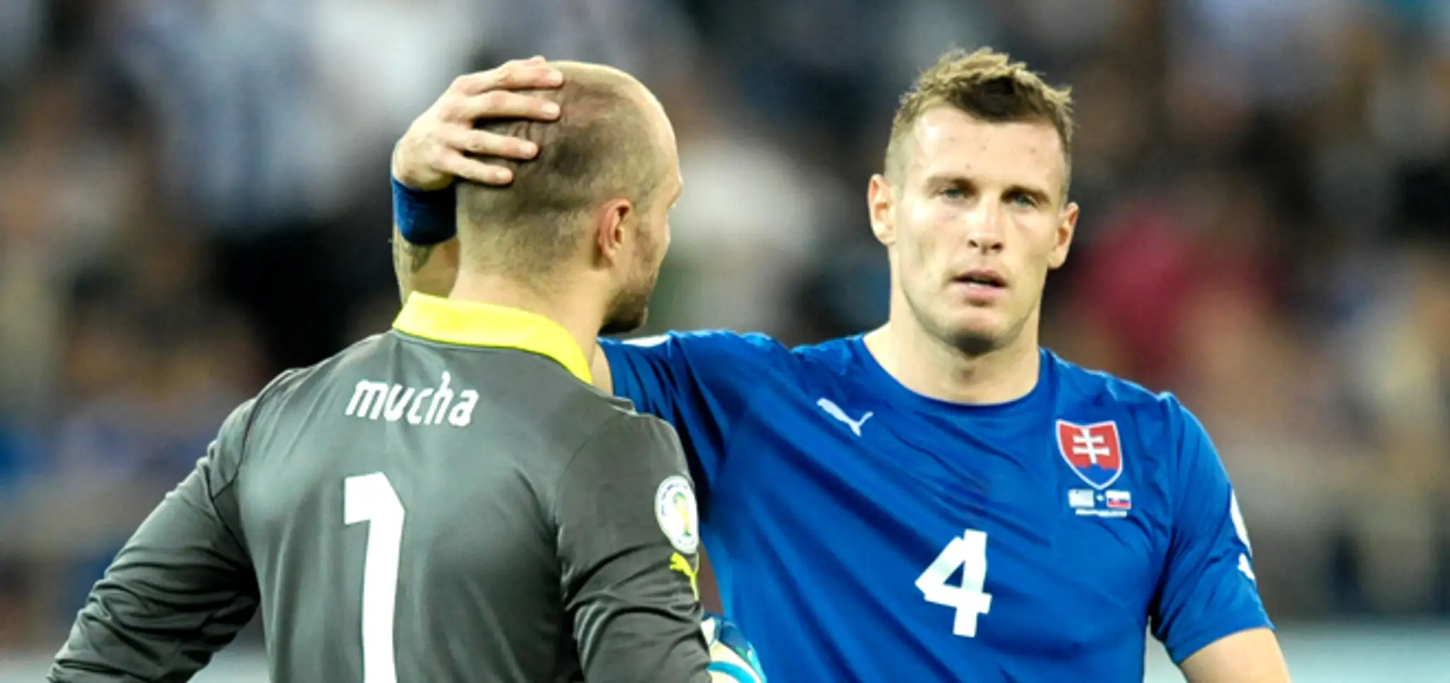 Ján Ďurica utešuje brankára Jána Muchu po vlastnom góle Martina Škretla v jeho sieti (uvod)
