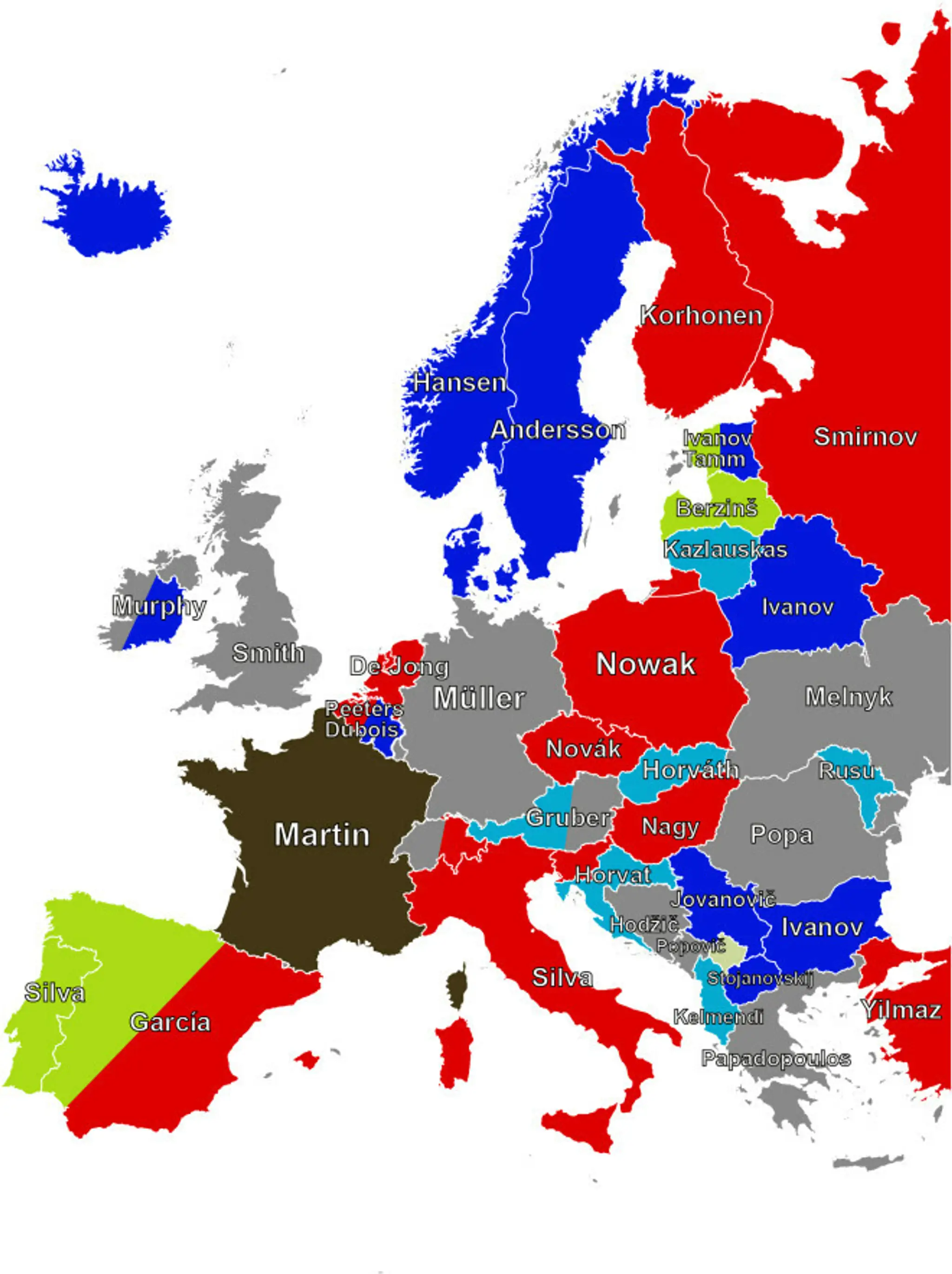 Mapa najčastejších priezvisk.