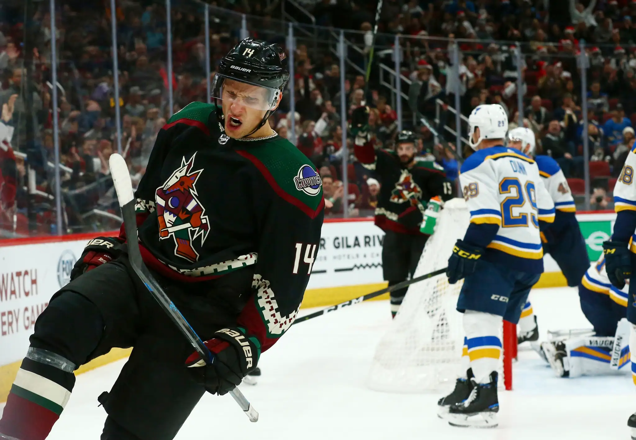 Richard Pánik z Arizony oslavuje gól proti St. Louis.