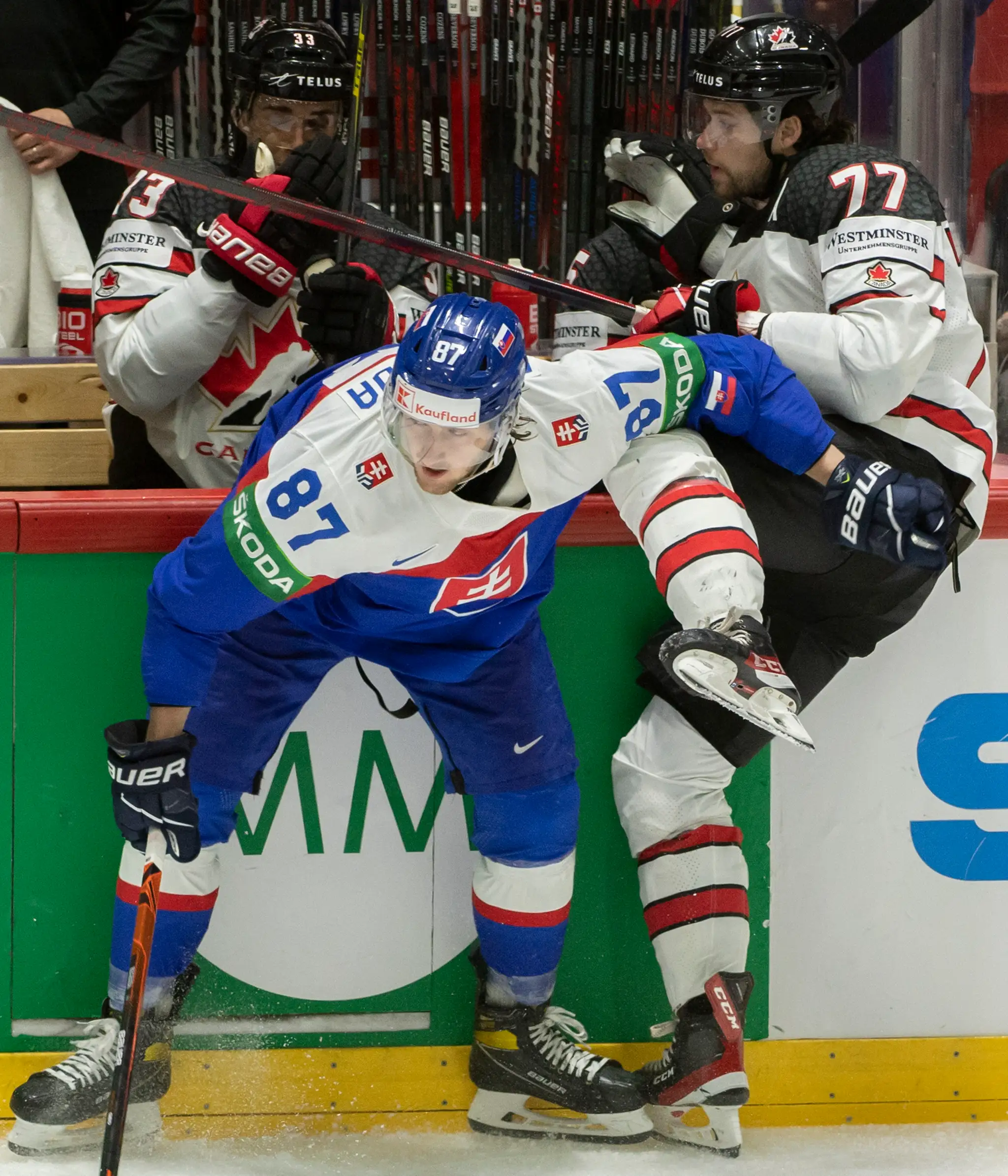 Zľava Pavol Regenda a Josh Anderson (Kanada) v zápase na MS 2022.