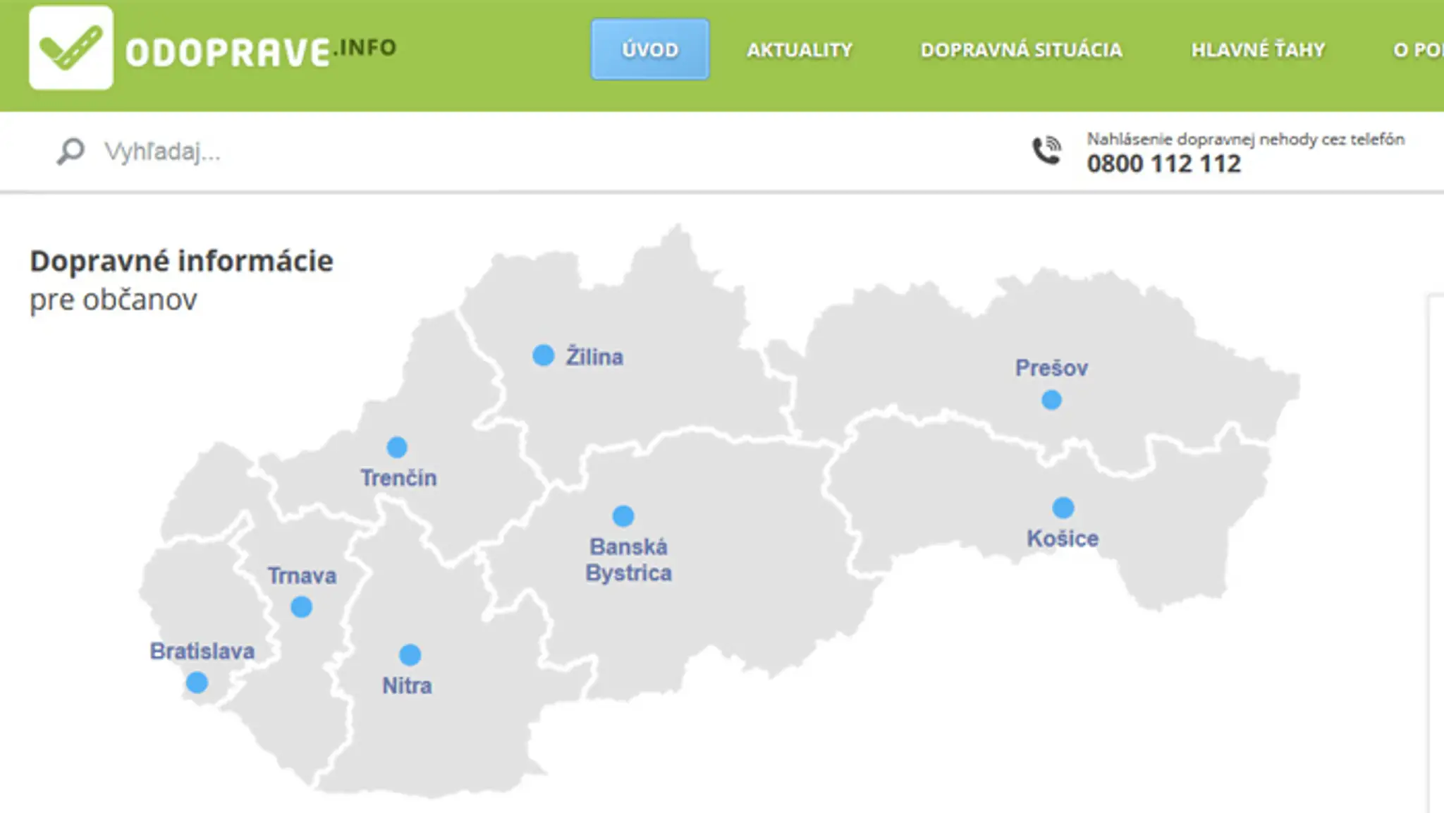 Úvodná stránka nového portálu o dopravnej situácii na Slovensku.