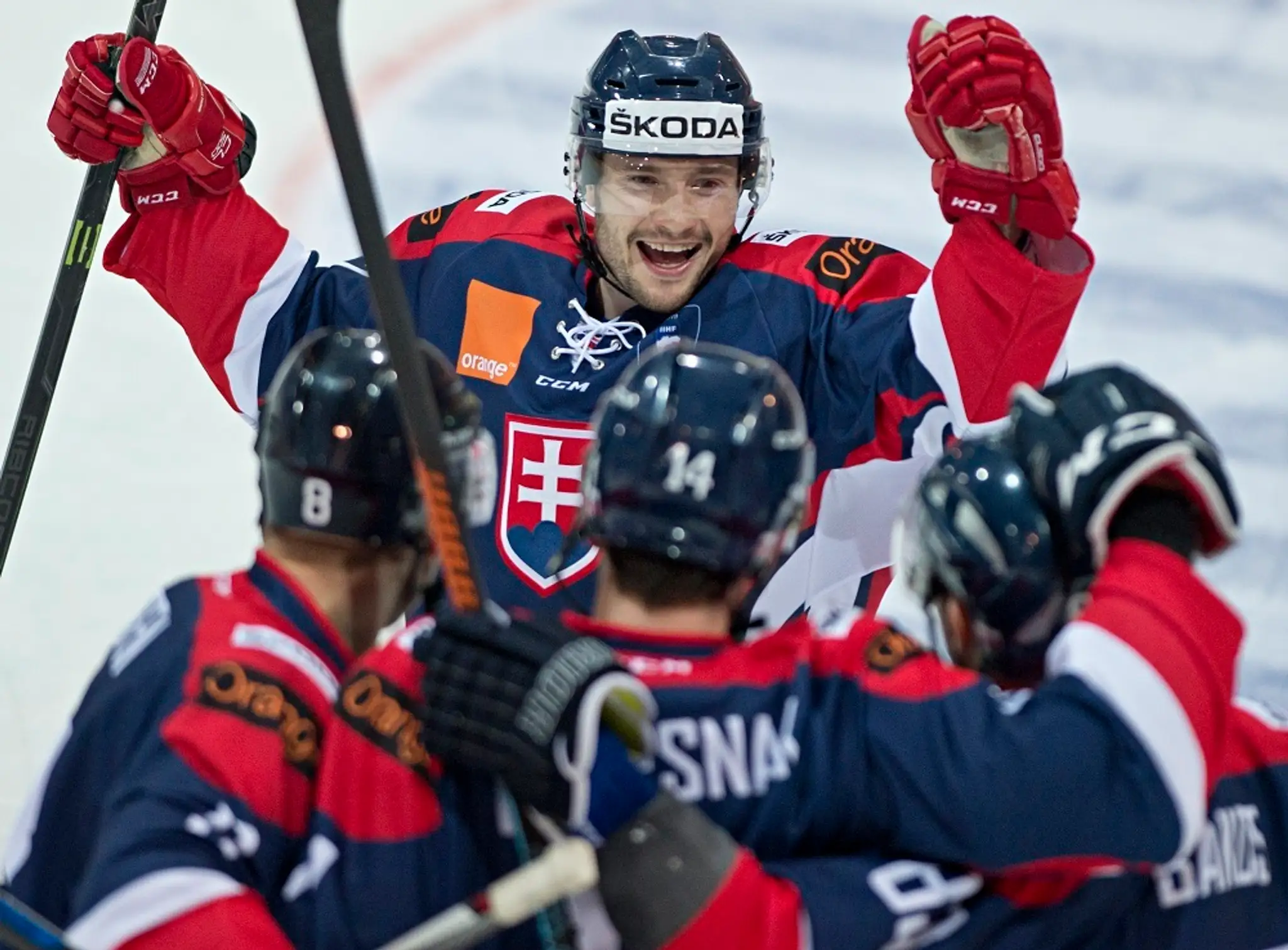 Na snímke gólová roadosť hokejistov Slovenska zľava v popredí Michal Sersen, Peter Čerešňák, Martin Bakoš a uprostred Eduard Šed