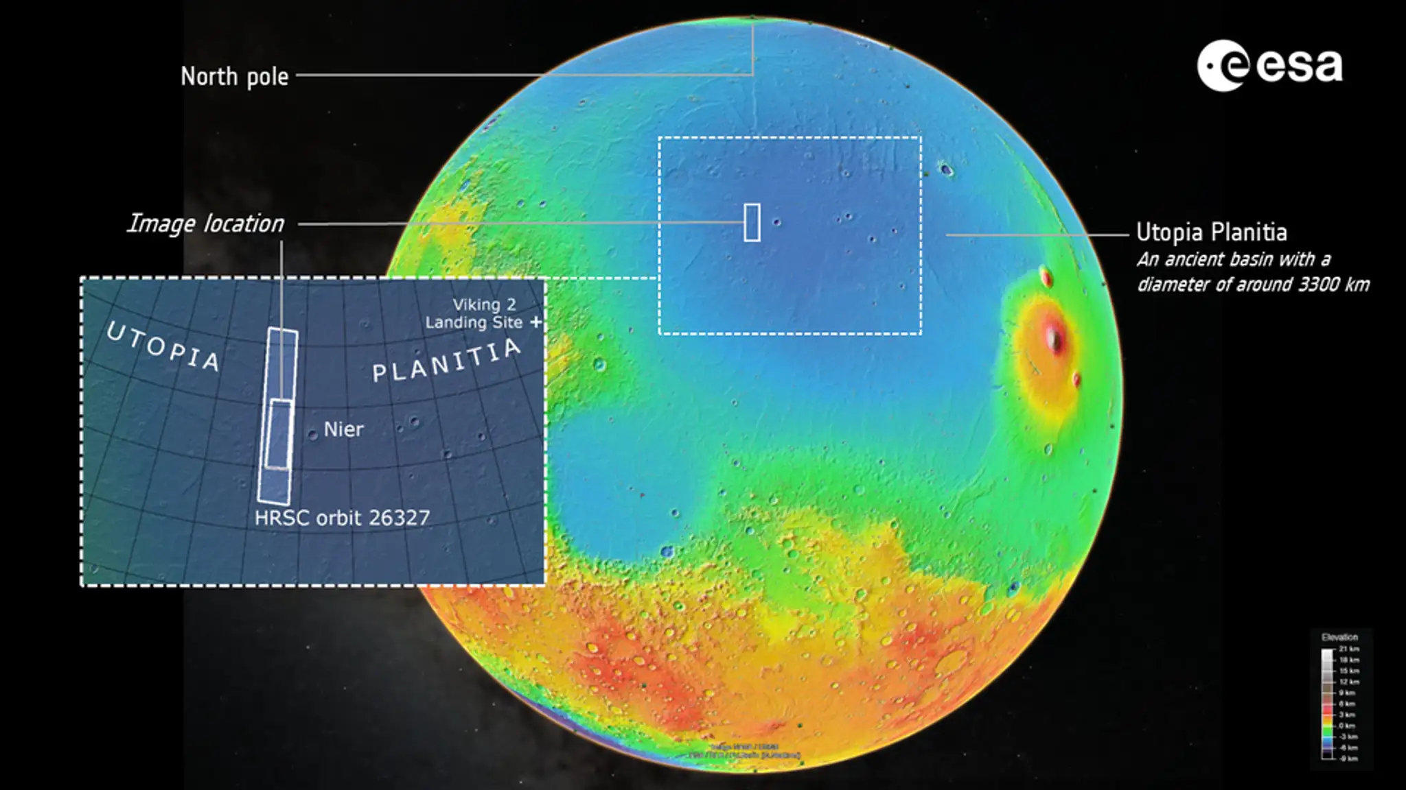 Tmavá škvrna v oblasti Utopia Planitia na Marse.
