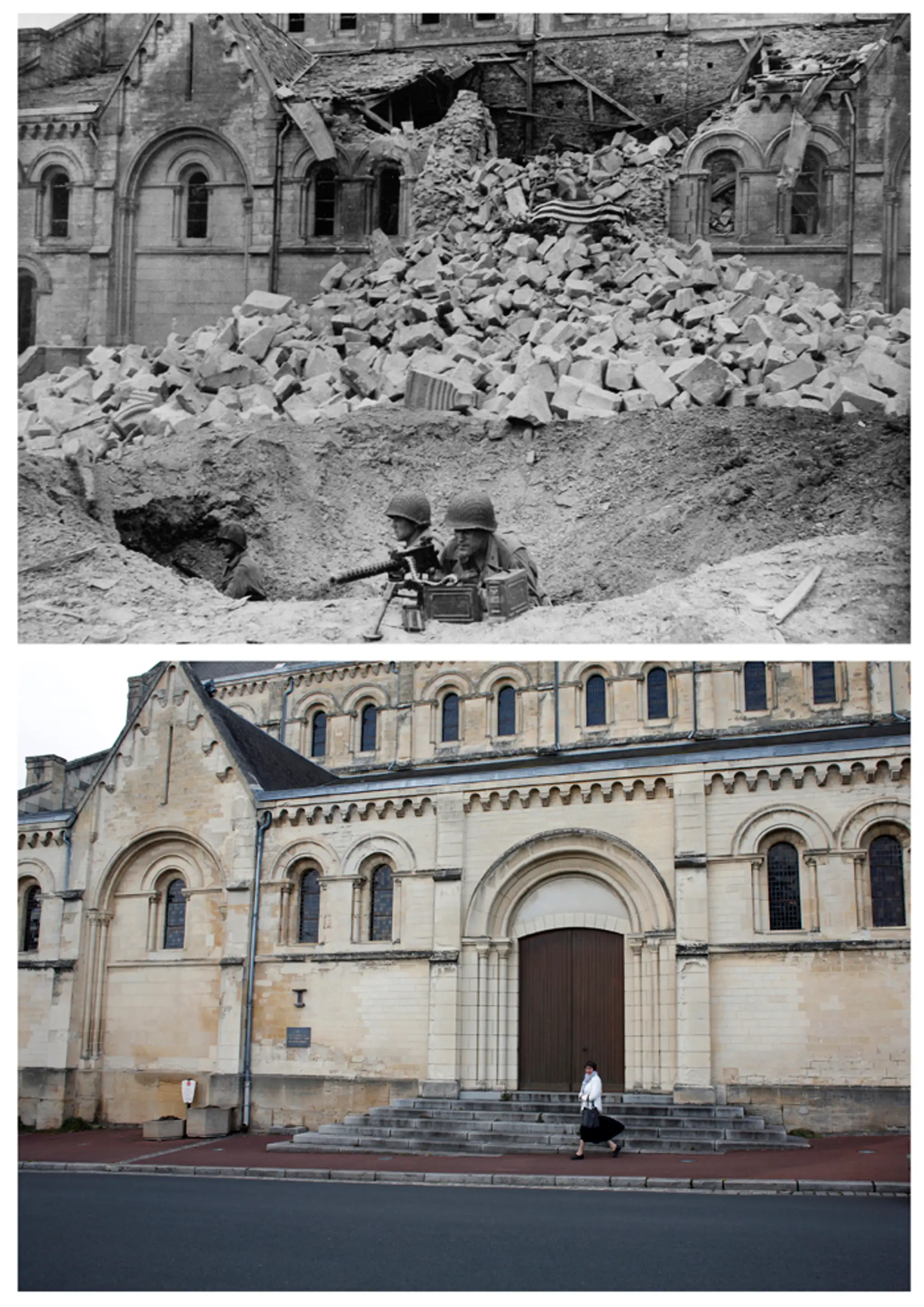Americkí vojaci po vylodení pochodujú mestom Sainte-Marie-du-Mont (jún 1944) a dnes.