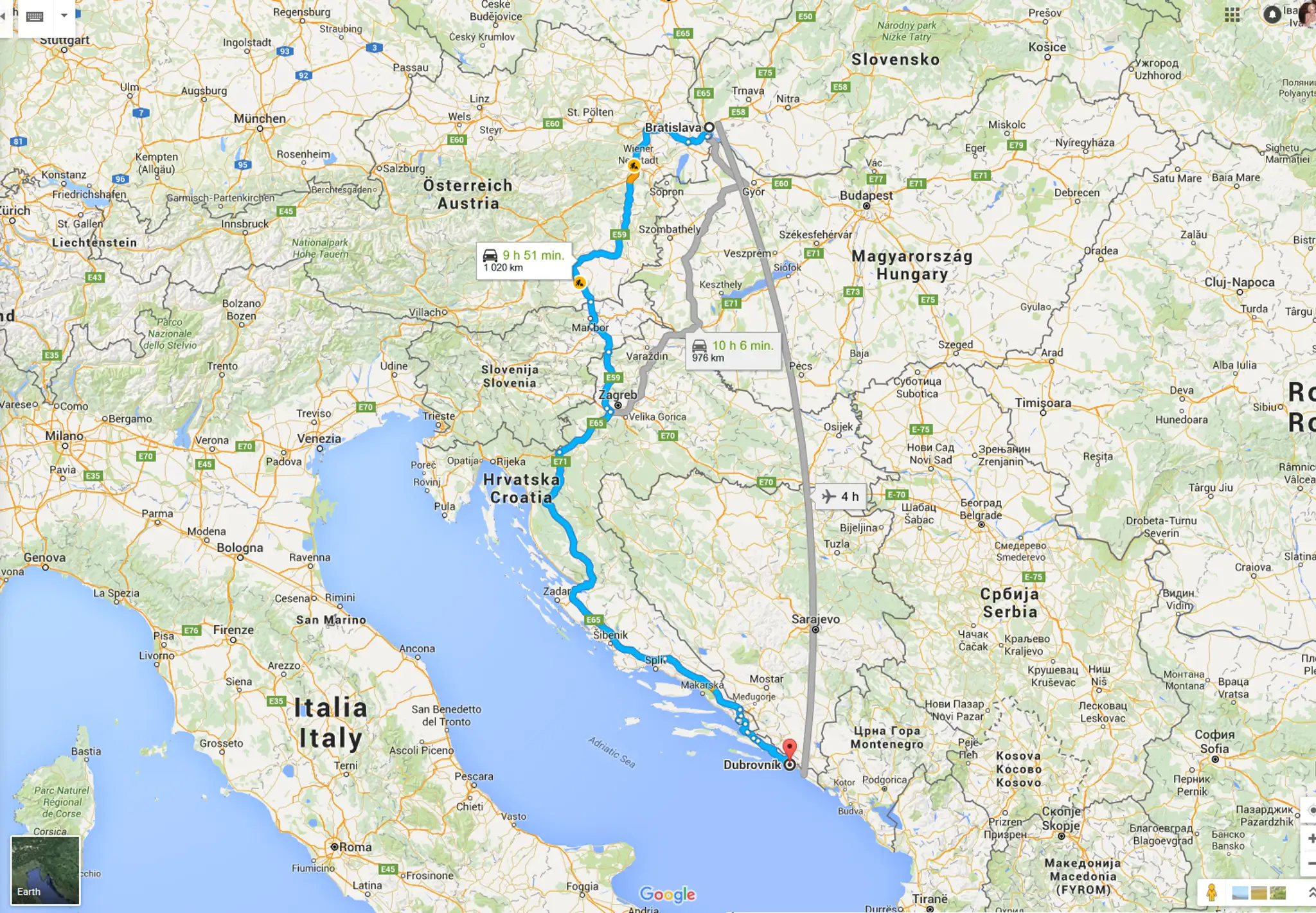 Mapa trasy z Bratislavy do Chorvátska.