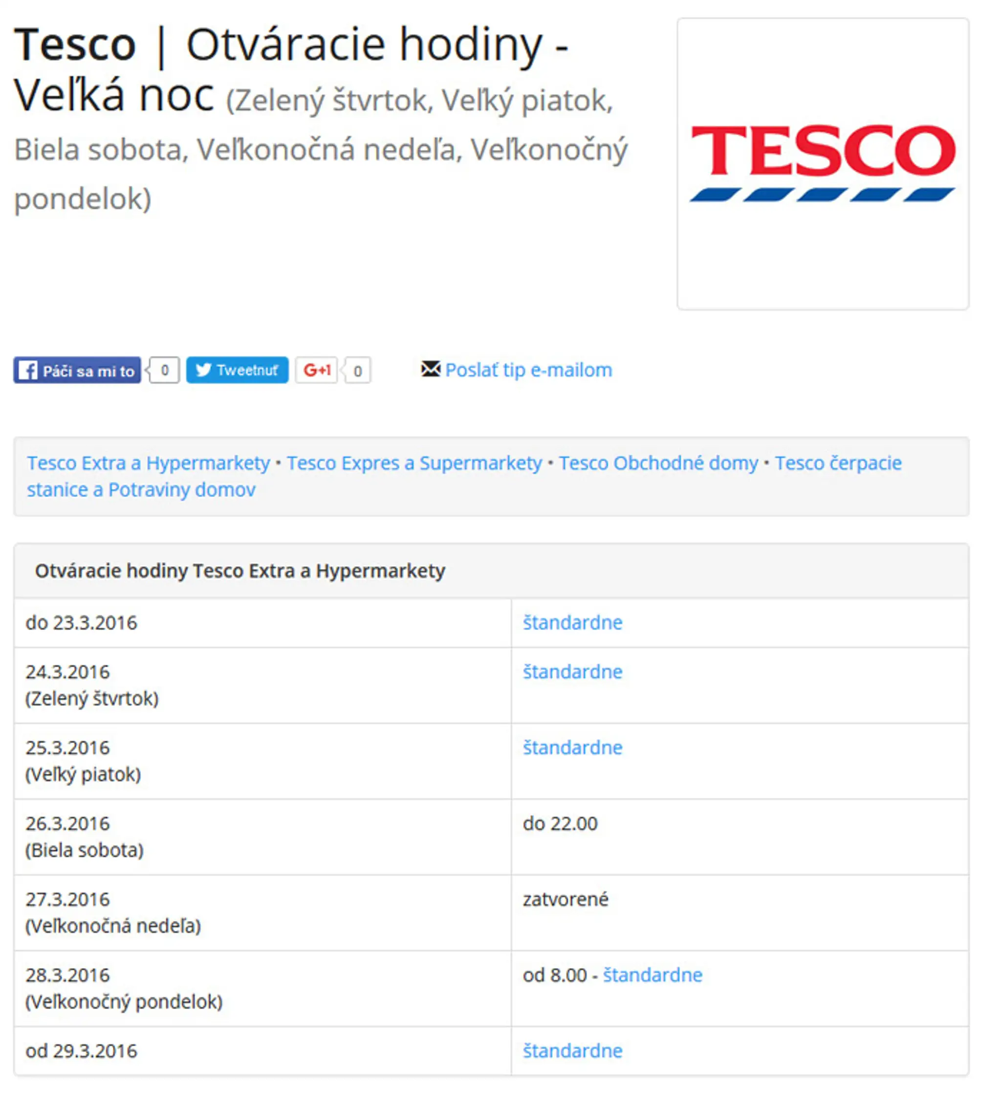 Otváracie hodiny Tesco.