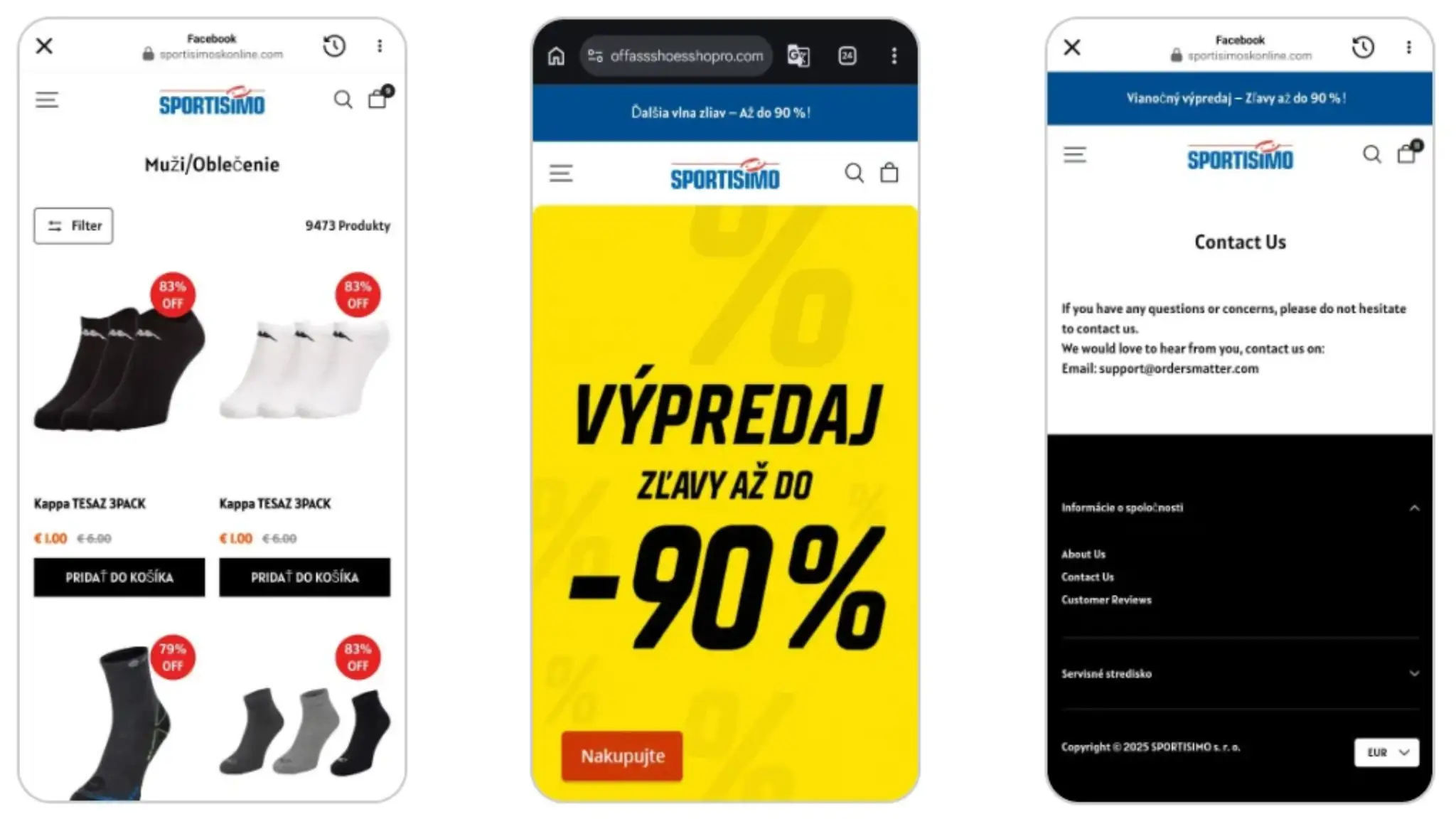 Príklady stránok vydávajúcich sa za Sportisimo