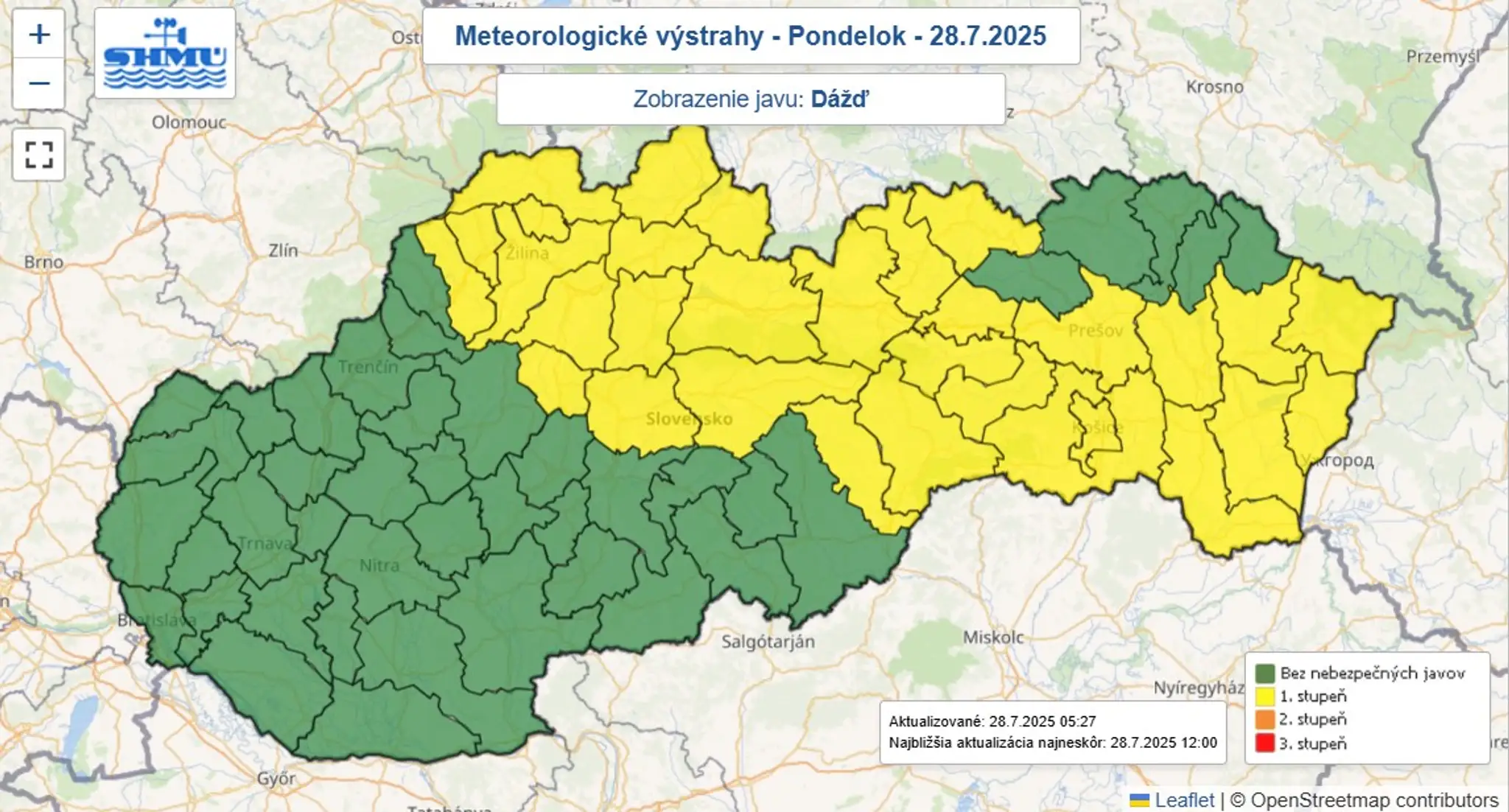 Mapa výstrah SHMÚ pred dažďom.