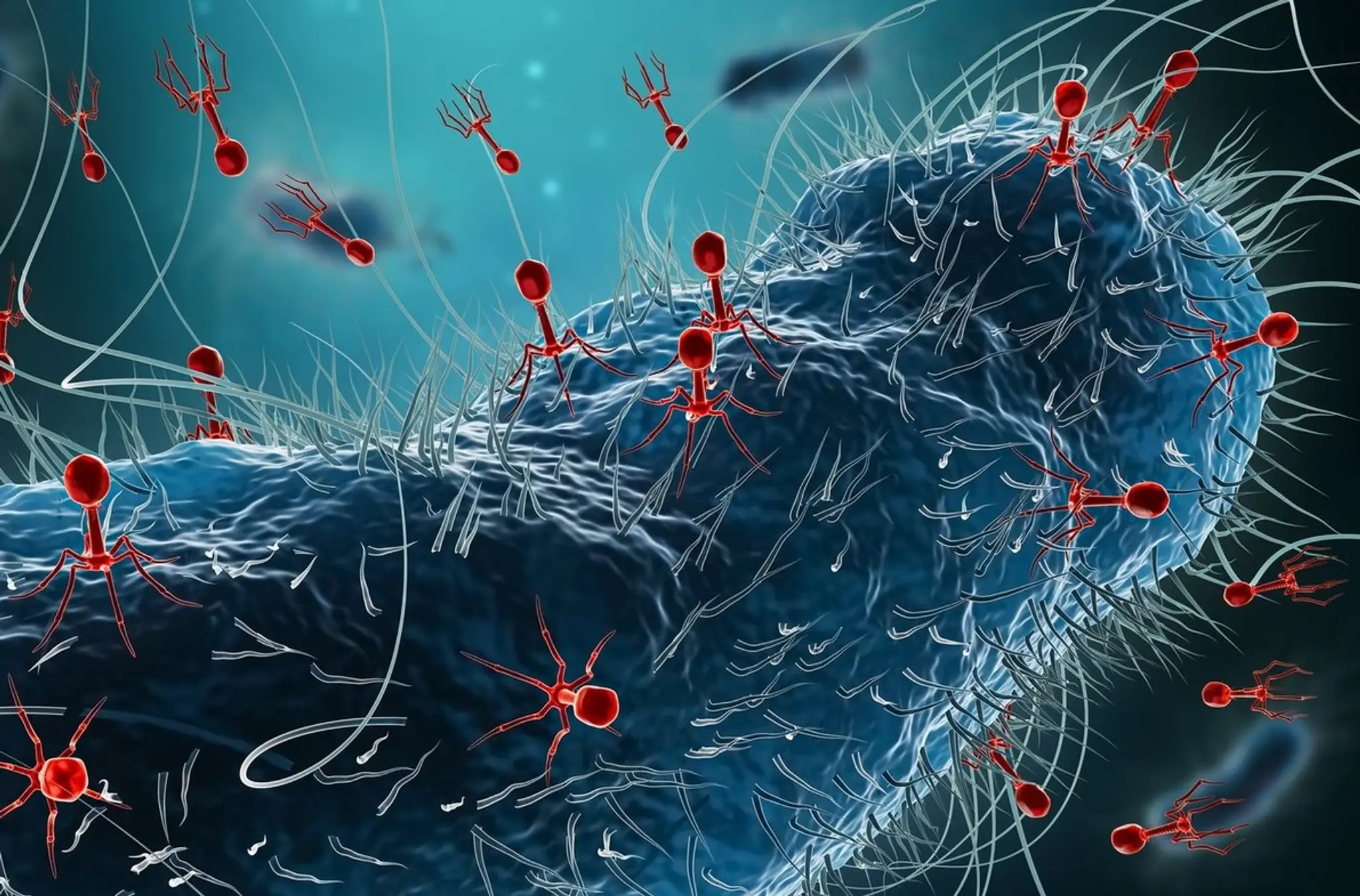 3D vizualizácia bežných baktérií, ako je Escherichia coli, infikovaných skupinou fágov alebo bakteriofágov.
