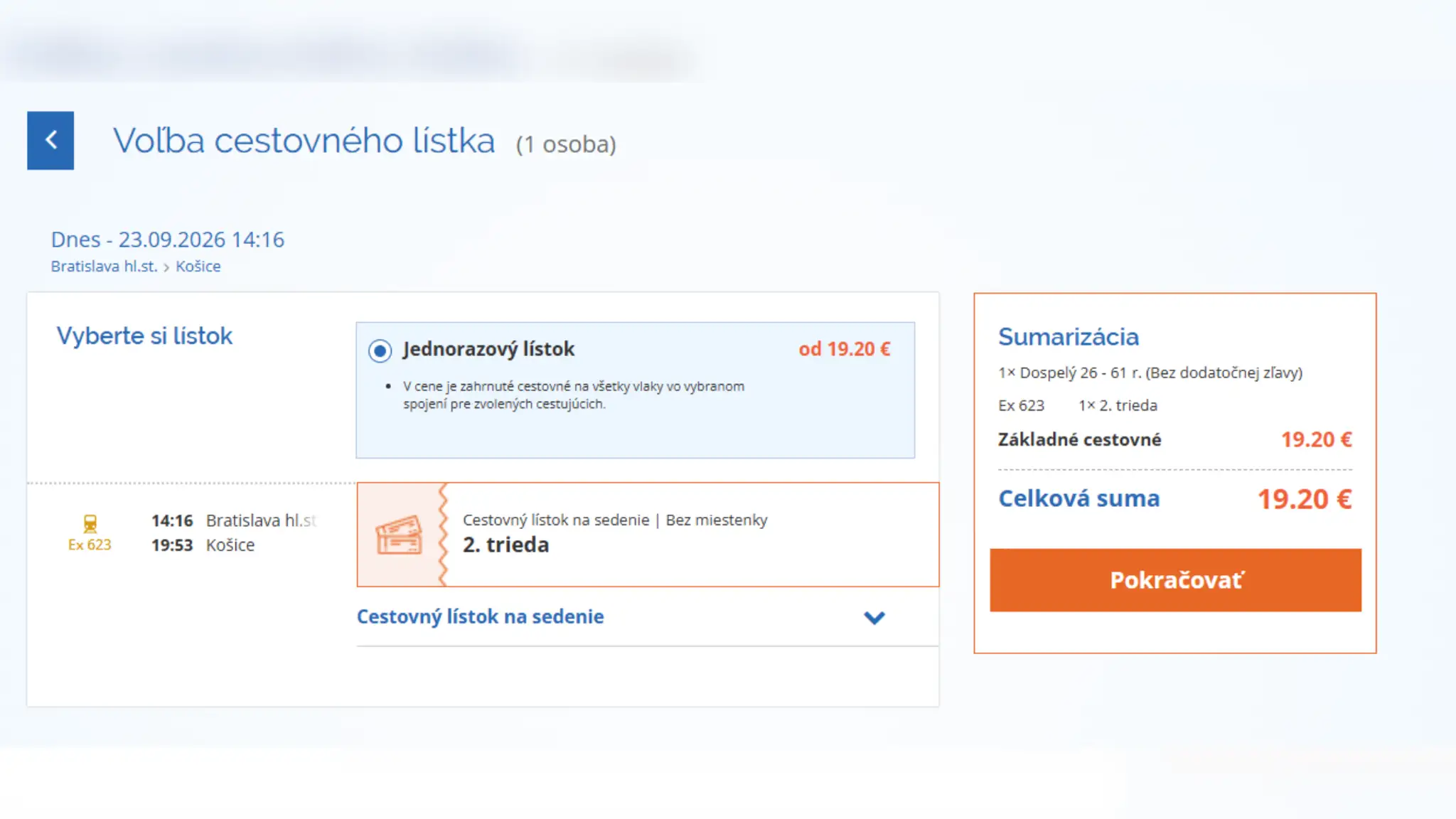 Cena lístka v 2. triede z Bratislavy do Košíc 23. septembra 2026.