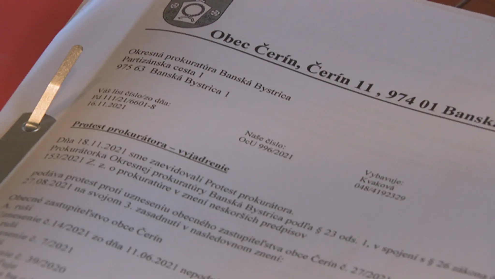 Vyjadrenie prokurátora k predanému pozemku v Čeríne.