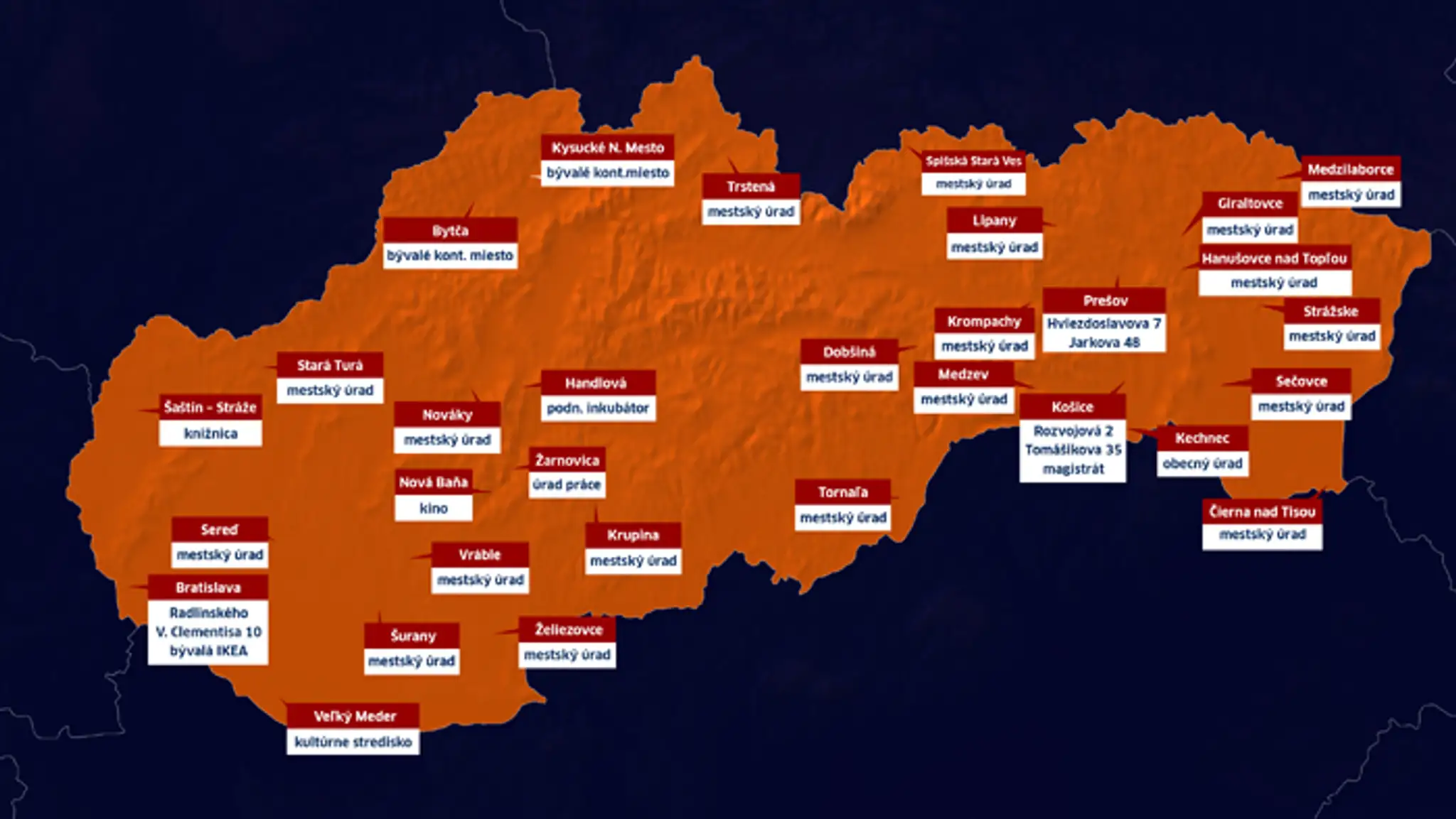 Mapa miest, kde môžete podať daňové priznanie.