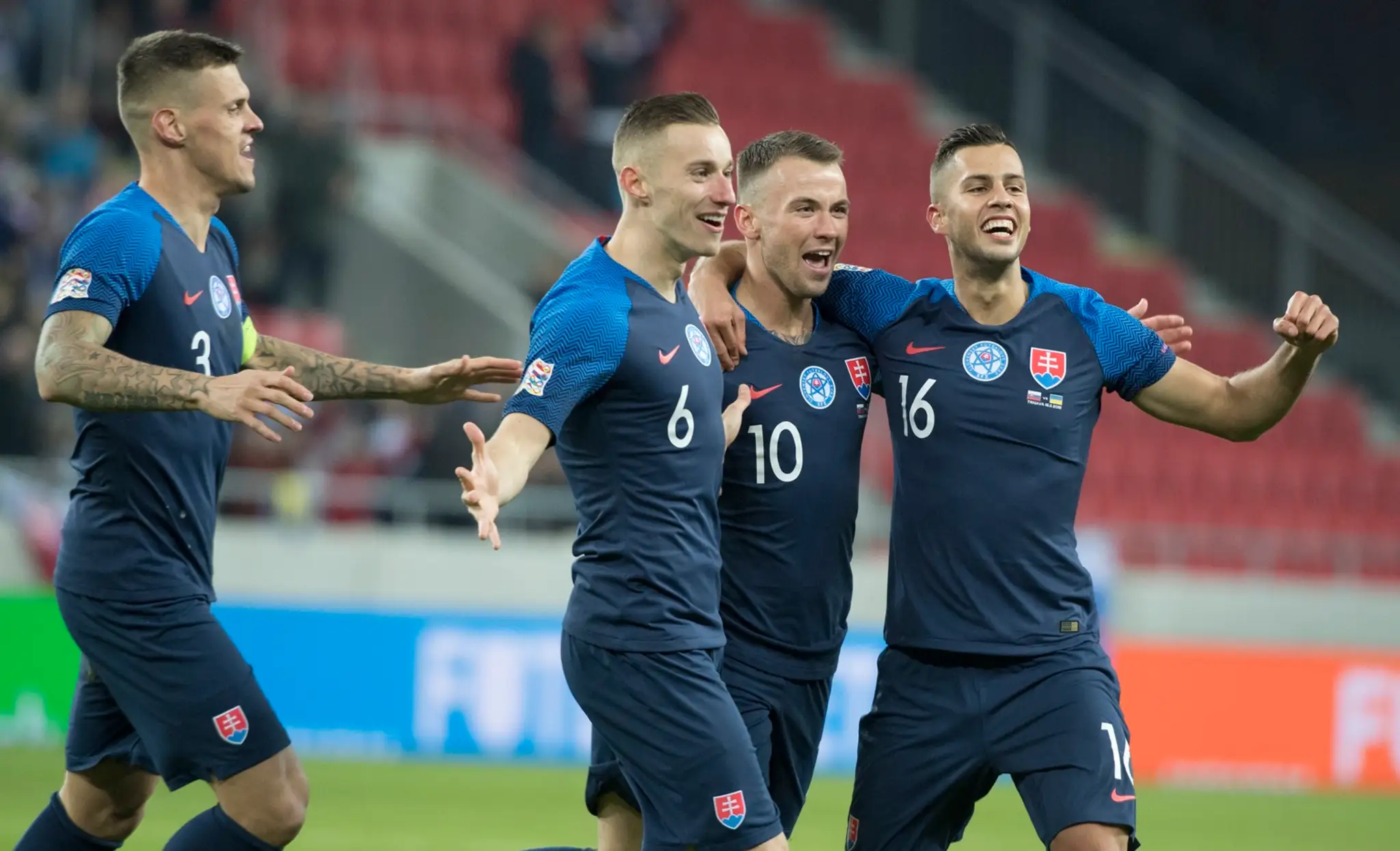 Na snímke sprava David Hancko, Albert Rusnák, Ján Greguš a Martin Škrtel sa radujú po strelení gólu.