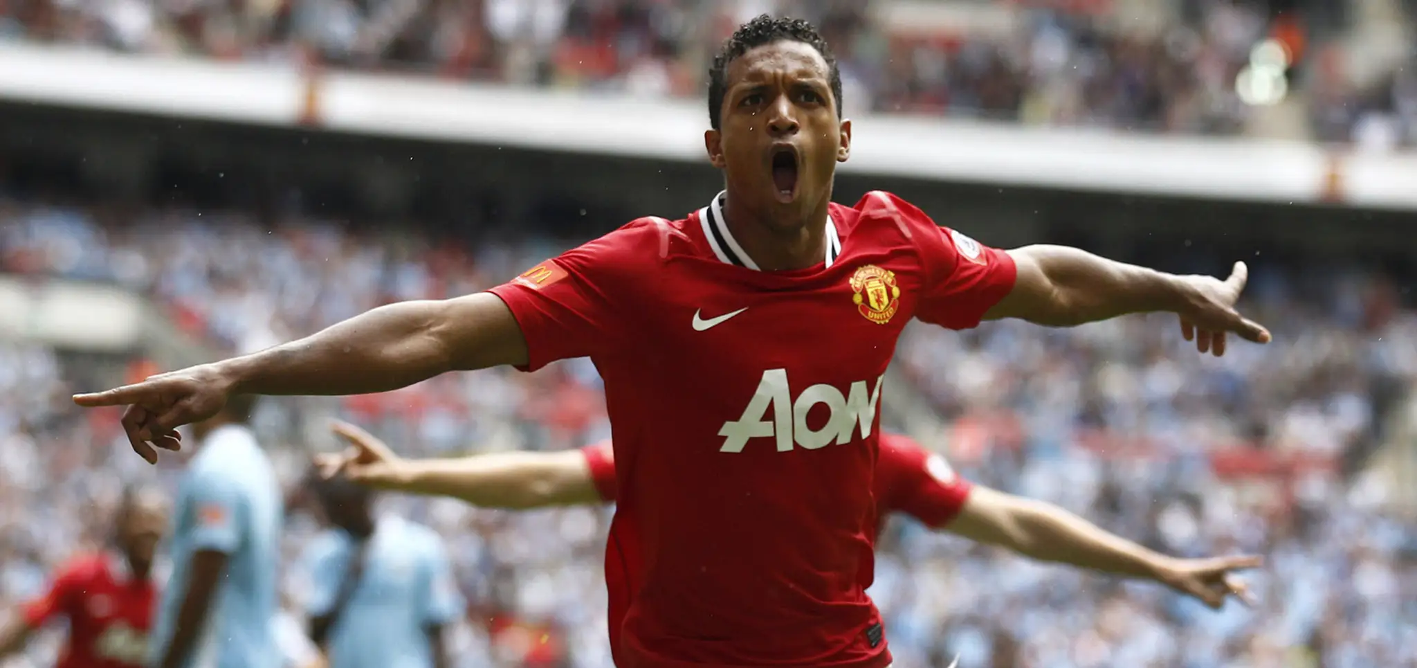 Nani oslavuje gól do bránky Manchesteru City vo zápase anglického superpohára FA Community Shield. (archív 2011)
