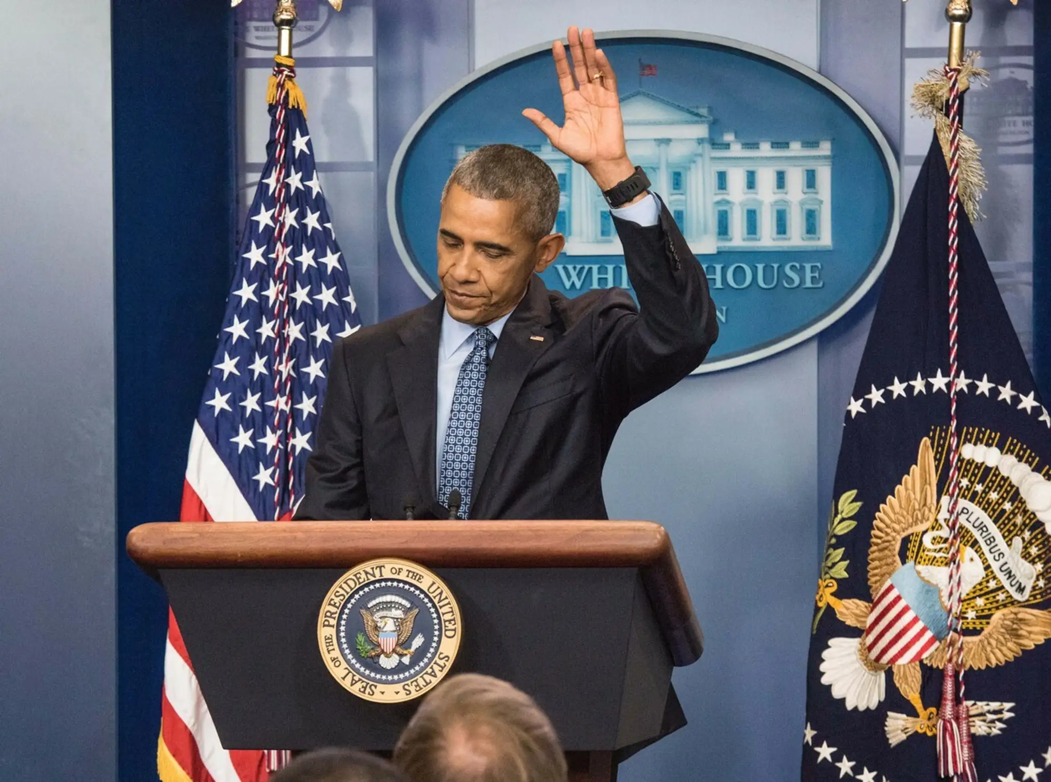 Barack Obama počas poslednej tlačovej konferencie v úlohe prezidenta Spojených štátov.