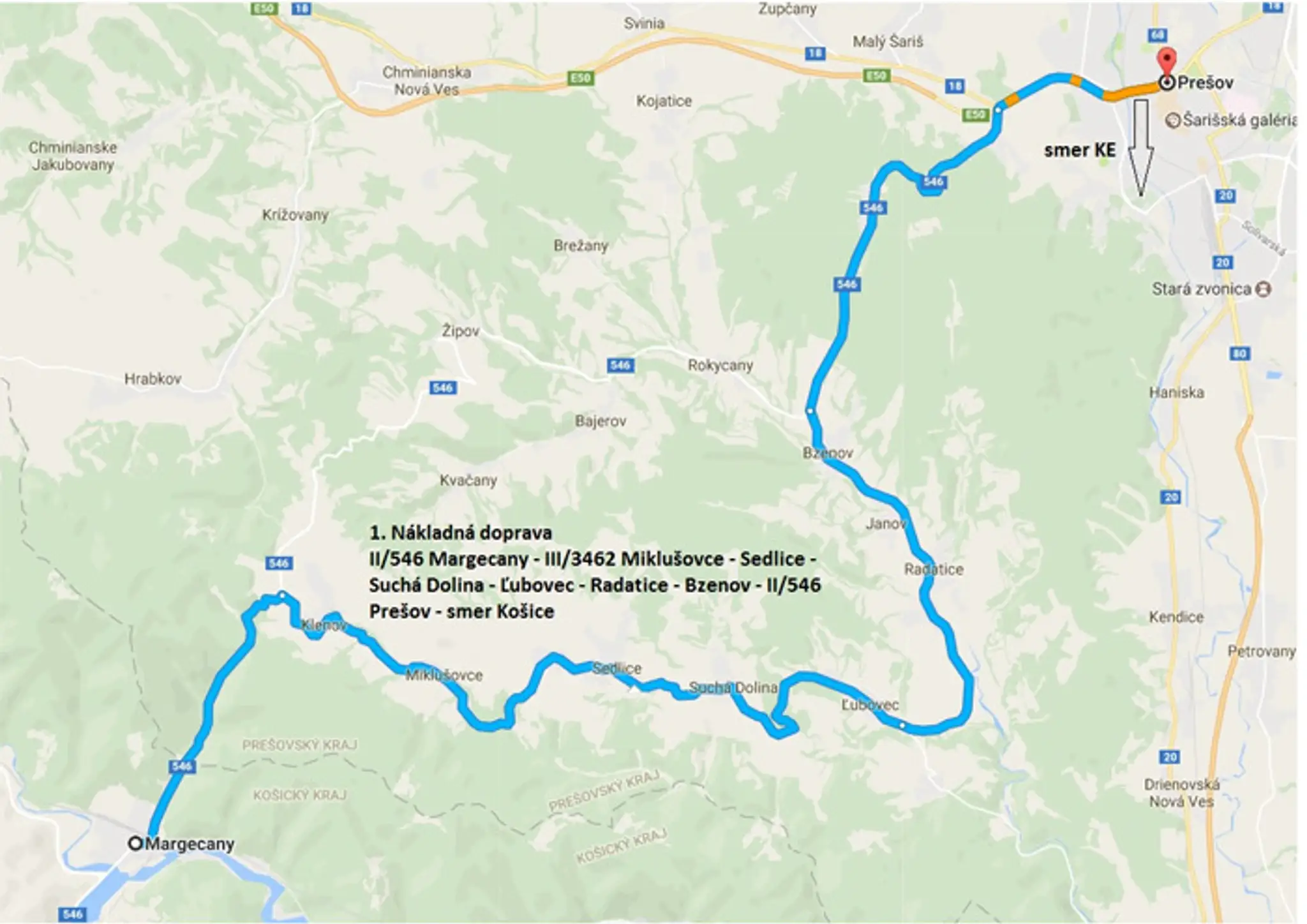 Obchádzková trasa počas zatvorenia mostu cez Ružín pre nákladnú dopravu.