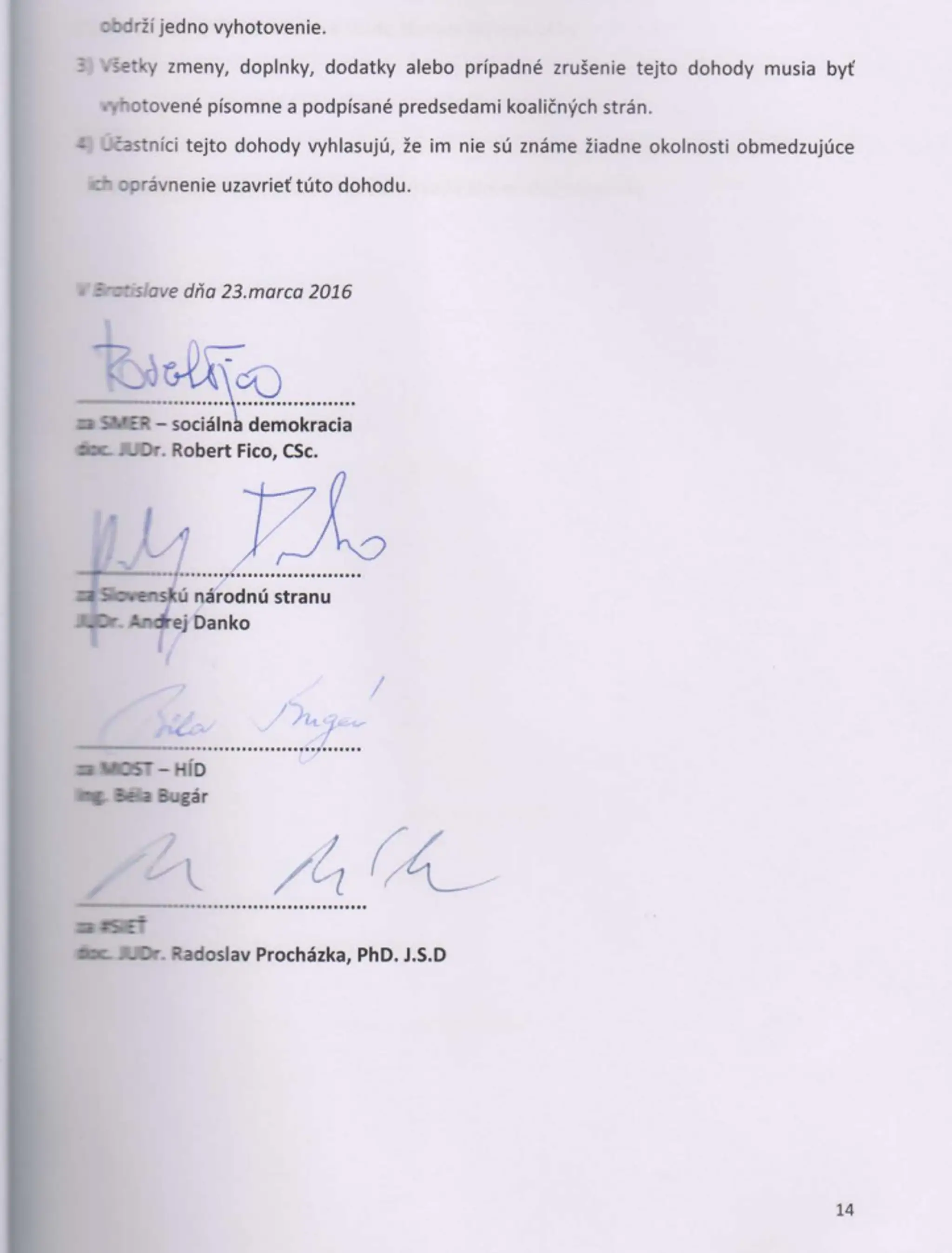 Podpisy predsedov koaličných strán v Koaličnej dohode  