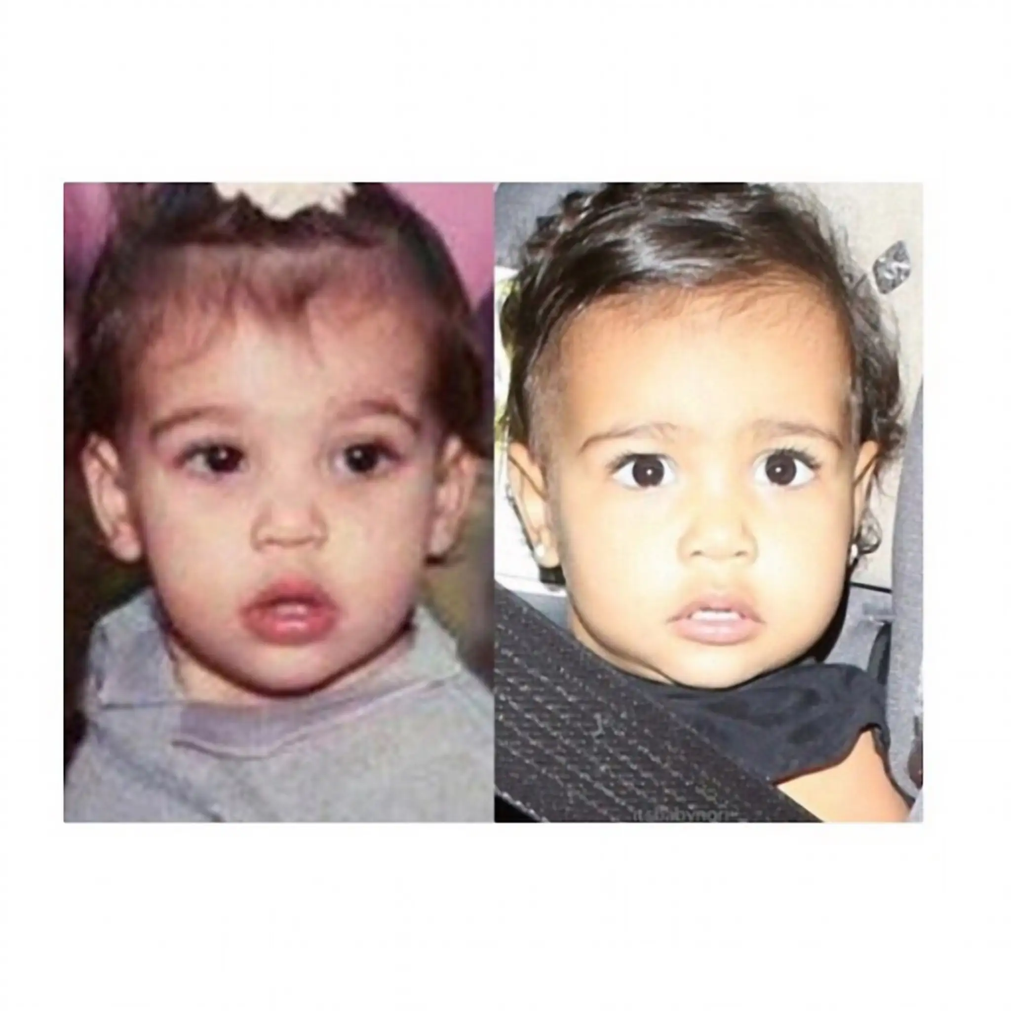 Kim Kardashian ako dieťa vľavo a jej dcéra North West.