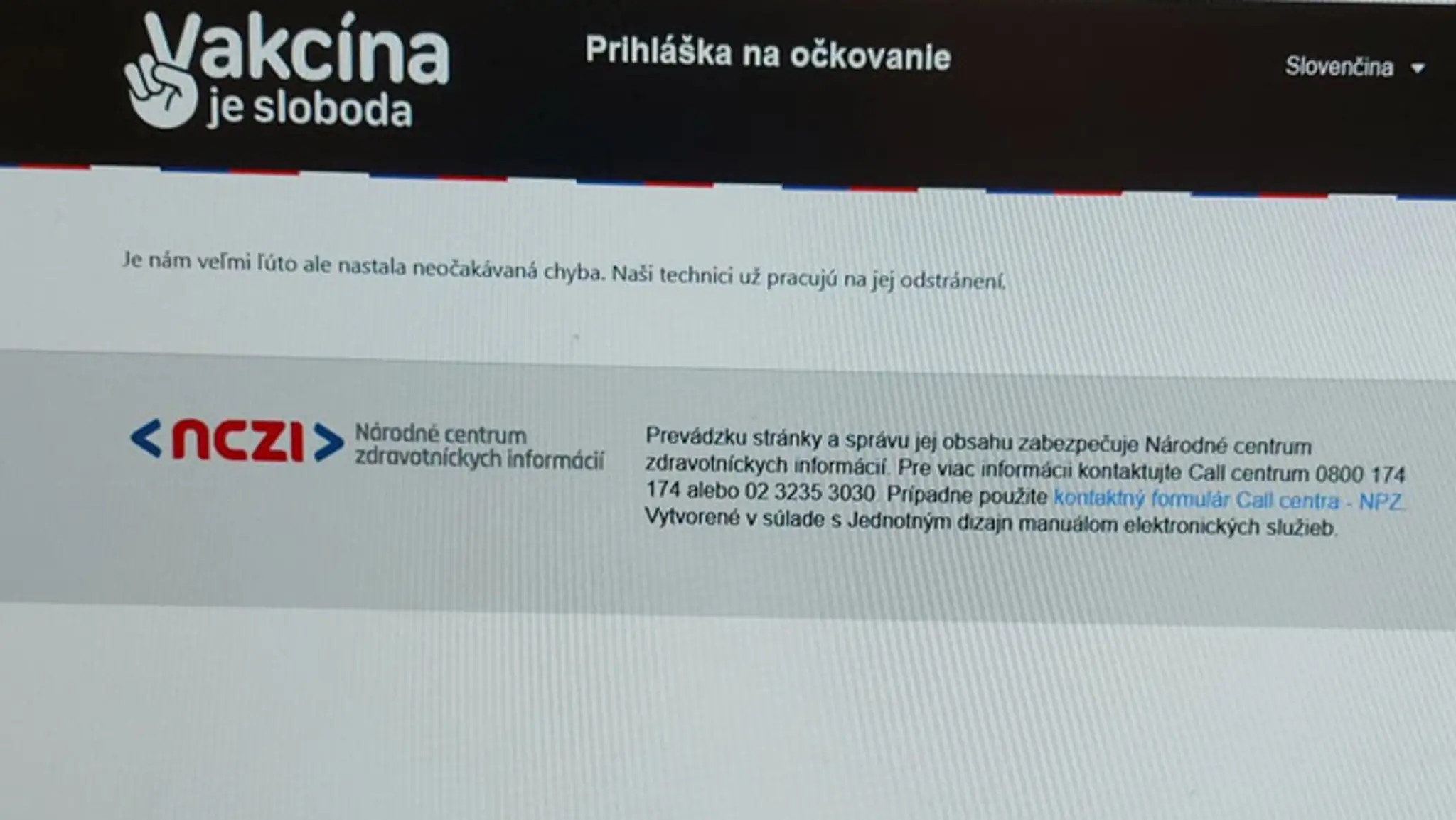 Chyba na stránke NCZI.