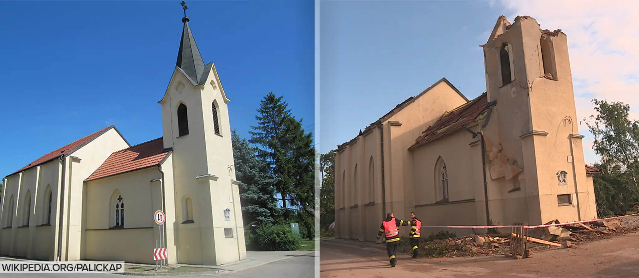 Zničený kostol v obci Hrušky.