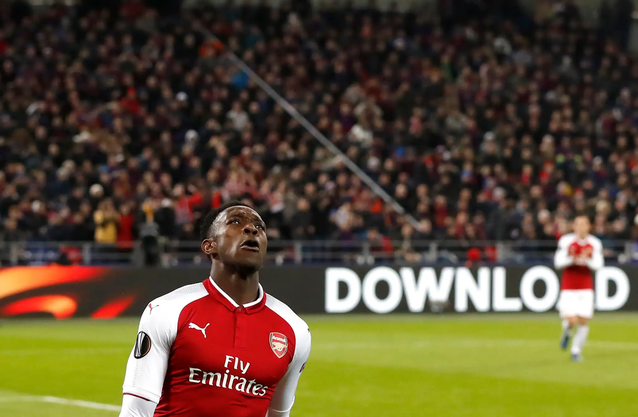 Danny Welbeck z Arsenalu jasá po góle v odvete štvrťfinále Európskej ligy na pôde CSKA Moskva.