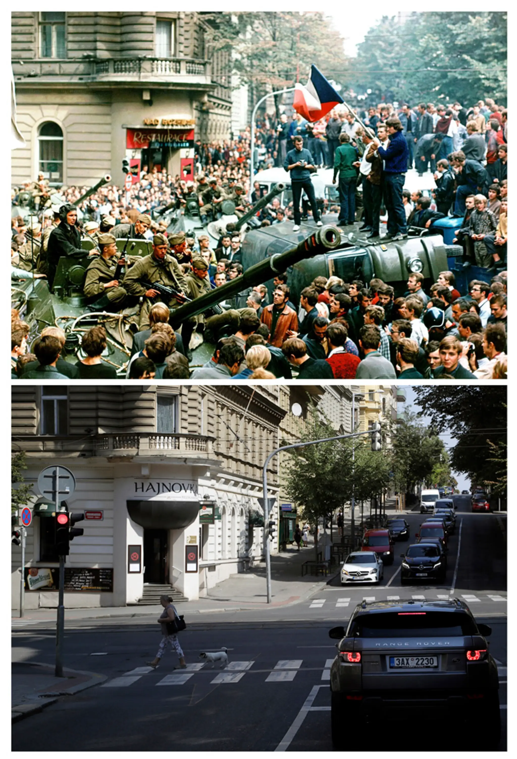 Mladí ľudia sa 21. augusta 1968 v Prahe postavili na prevrátené vojenské auto, na druhej snímke pohľad na ulicu dnes.