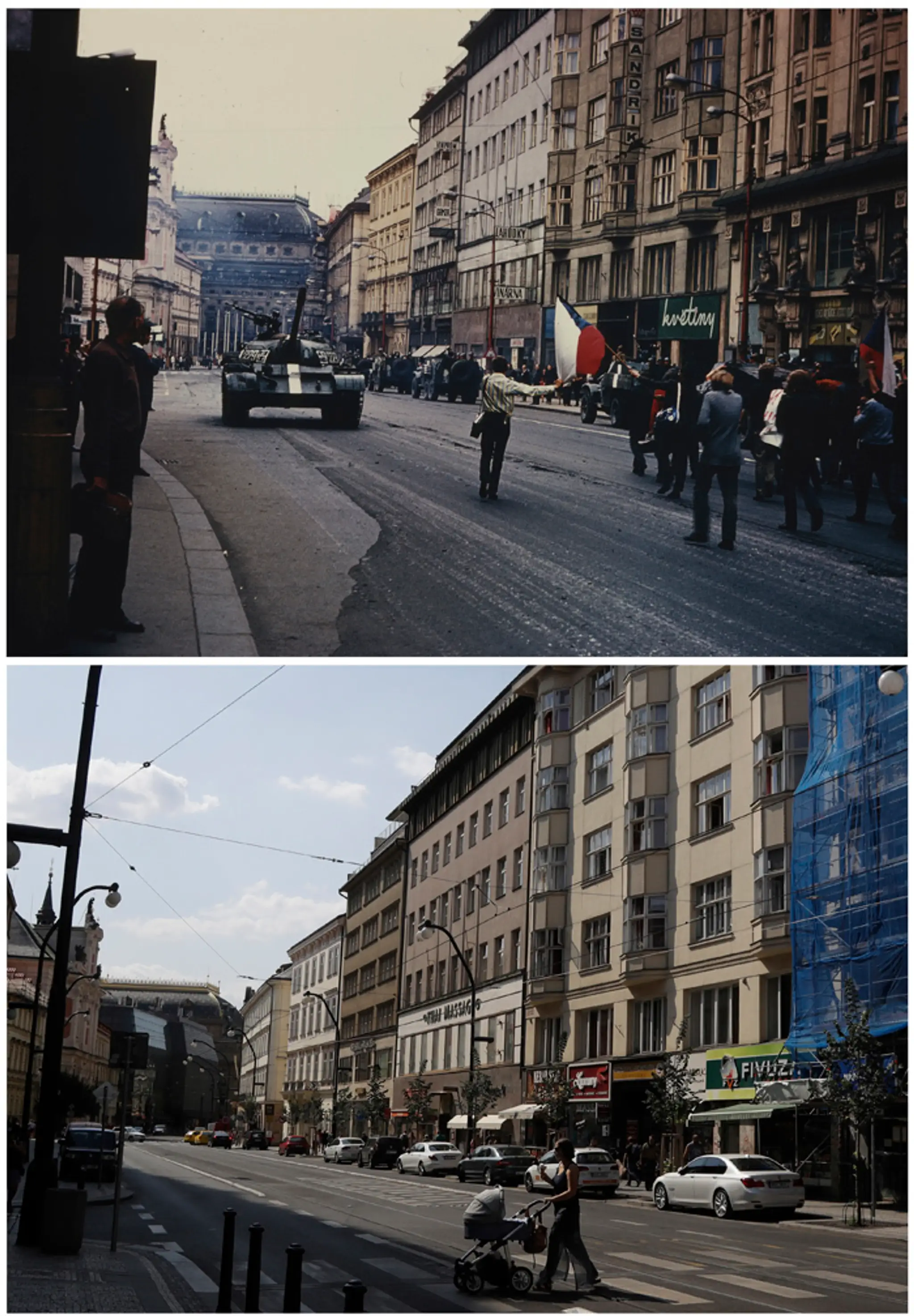 Ľudia mávajú československou zástavou v Prahe. Snímku urobil 21. augusta 1968 fotograf agentúry AP Peter Winterbach.
