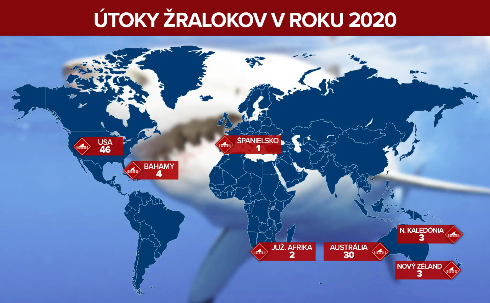 Mapa útokov žralokov v roku 2020
