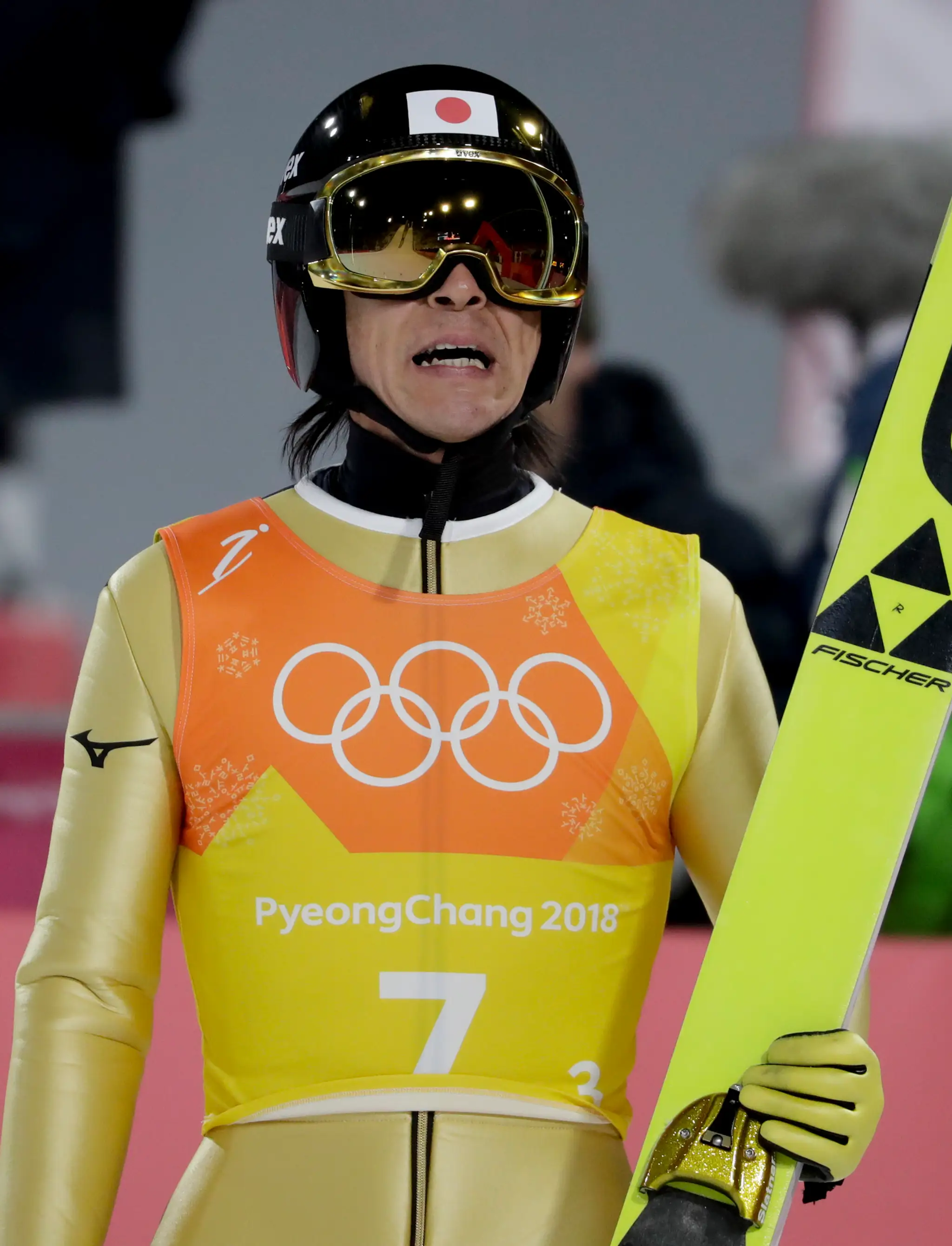 Japonský veterán v skokoch na lyžiach Noriaki Kasai počas ZOH 2018.