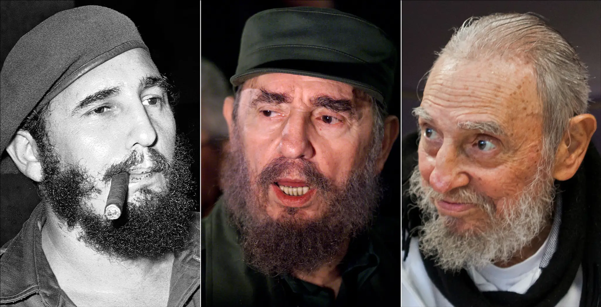 Na kombosnímke je Fidel Castro - zľava rok 1961, reční k novinárom vo Washingtone rok 2000 a na poslednej foto je vo svojom dome