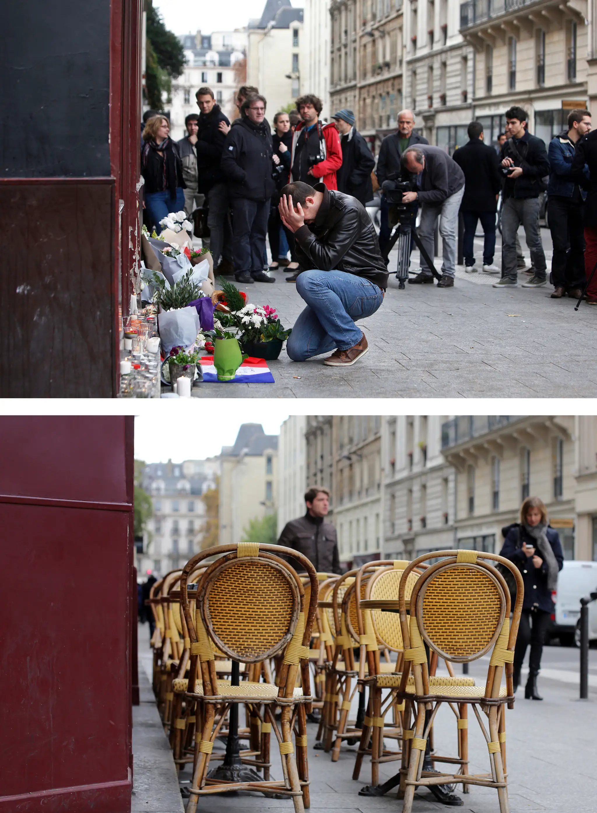 Kladenie kvetov za obete útokov pred reštauráciou Le Carillon v Paríži (vtedy a dnes)