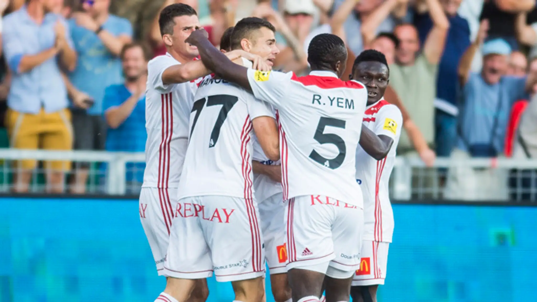 Radosť hráčov Trenčína v prvom zápase 3. predkola EL UEFA vo proti Feyenoord Rotterdam.