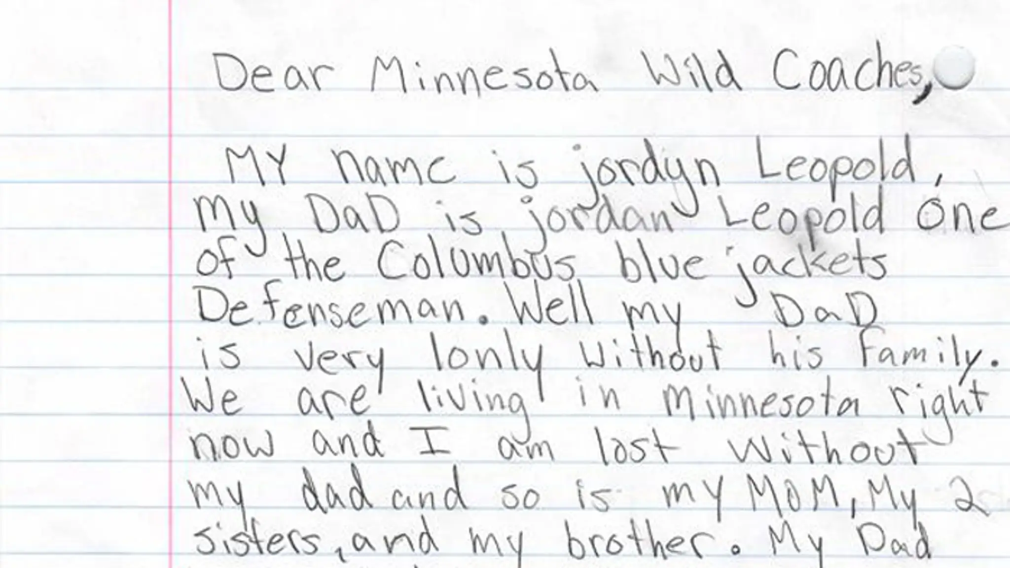 Tento list poslala malá dcéra šéfom Minnesoty Wild.