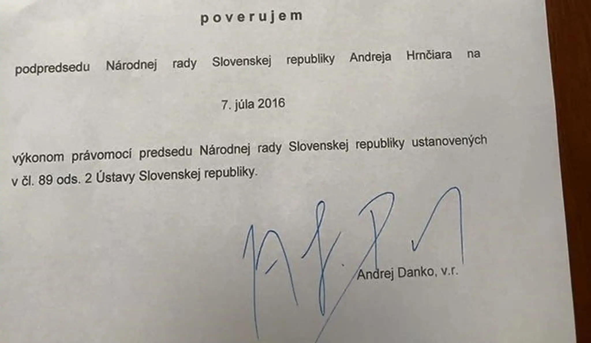 Poverenie Andreja Hrnčiara viesť schôdzu NR SR