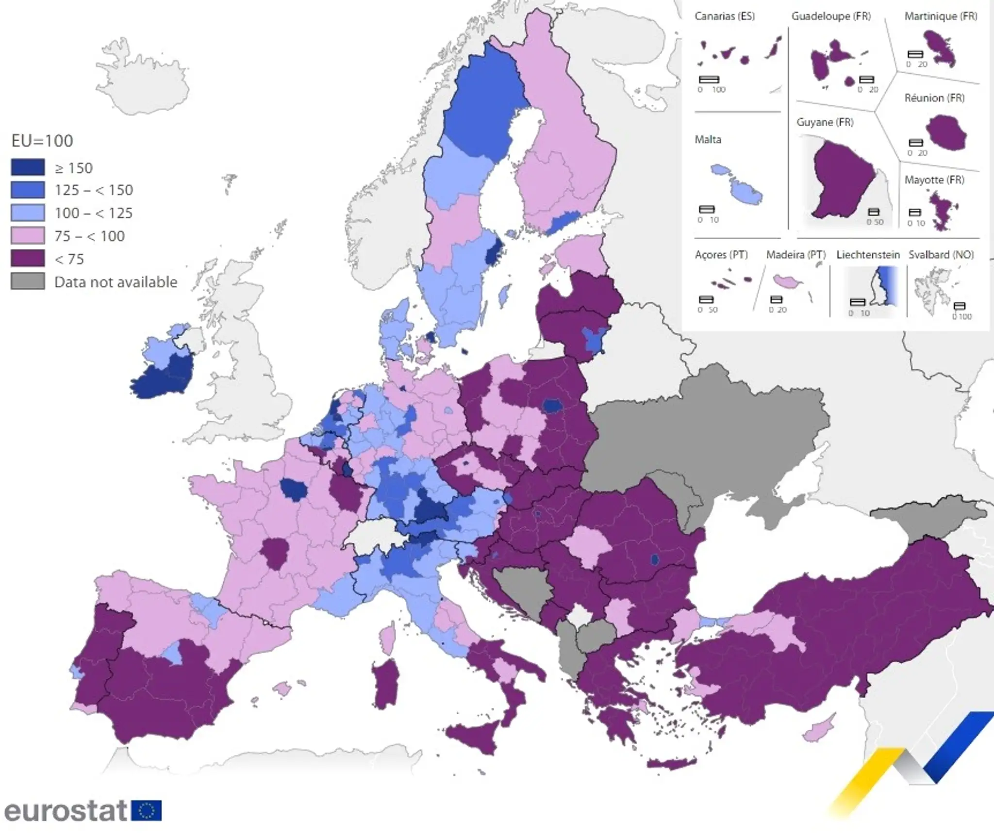Mapa vyspelosti regiónov EU. 