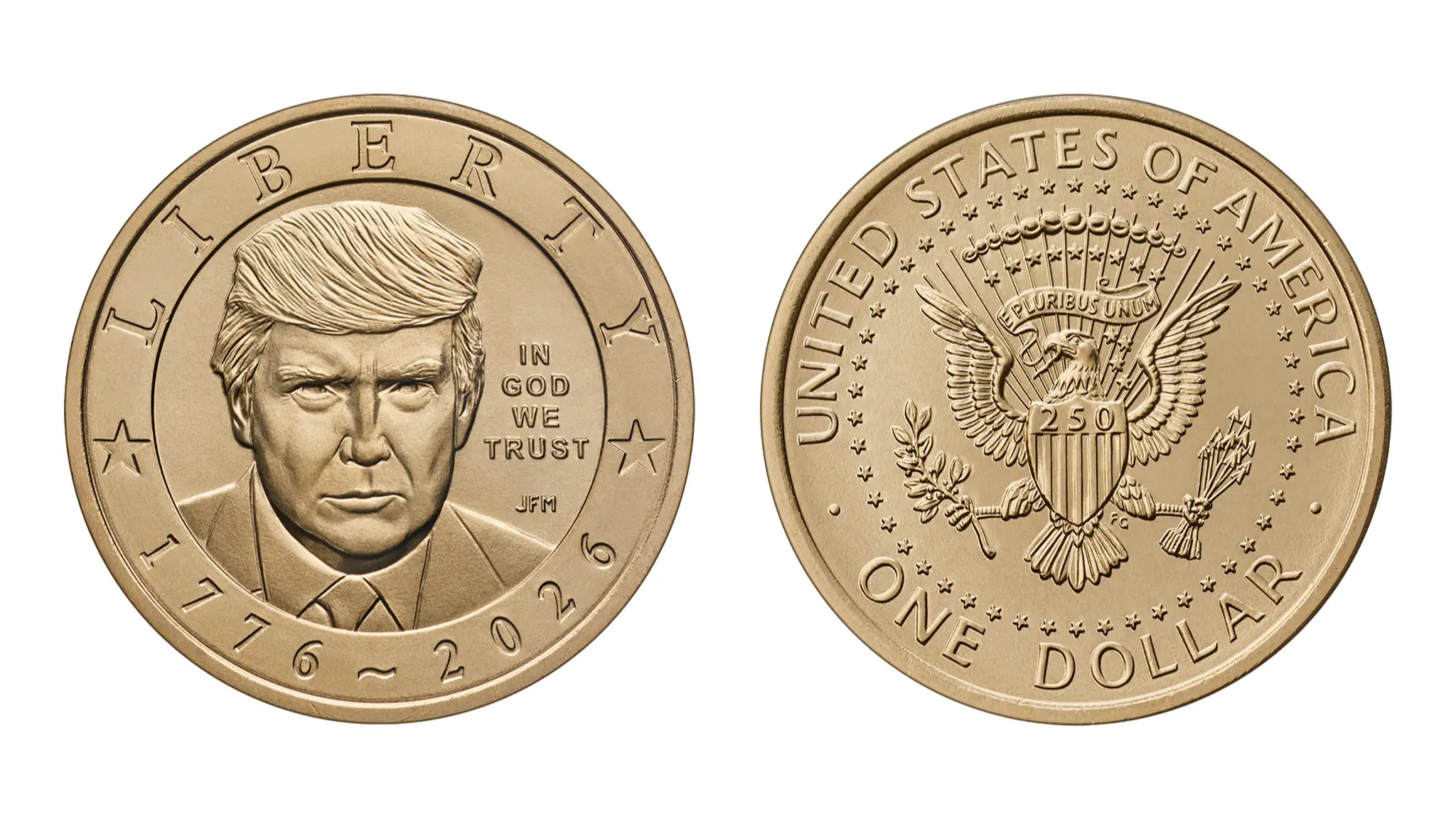 Na snímke predná a zadná strana jednodolárovej mince s podobizňou amerického prezidenta Donalda Trumpa.