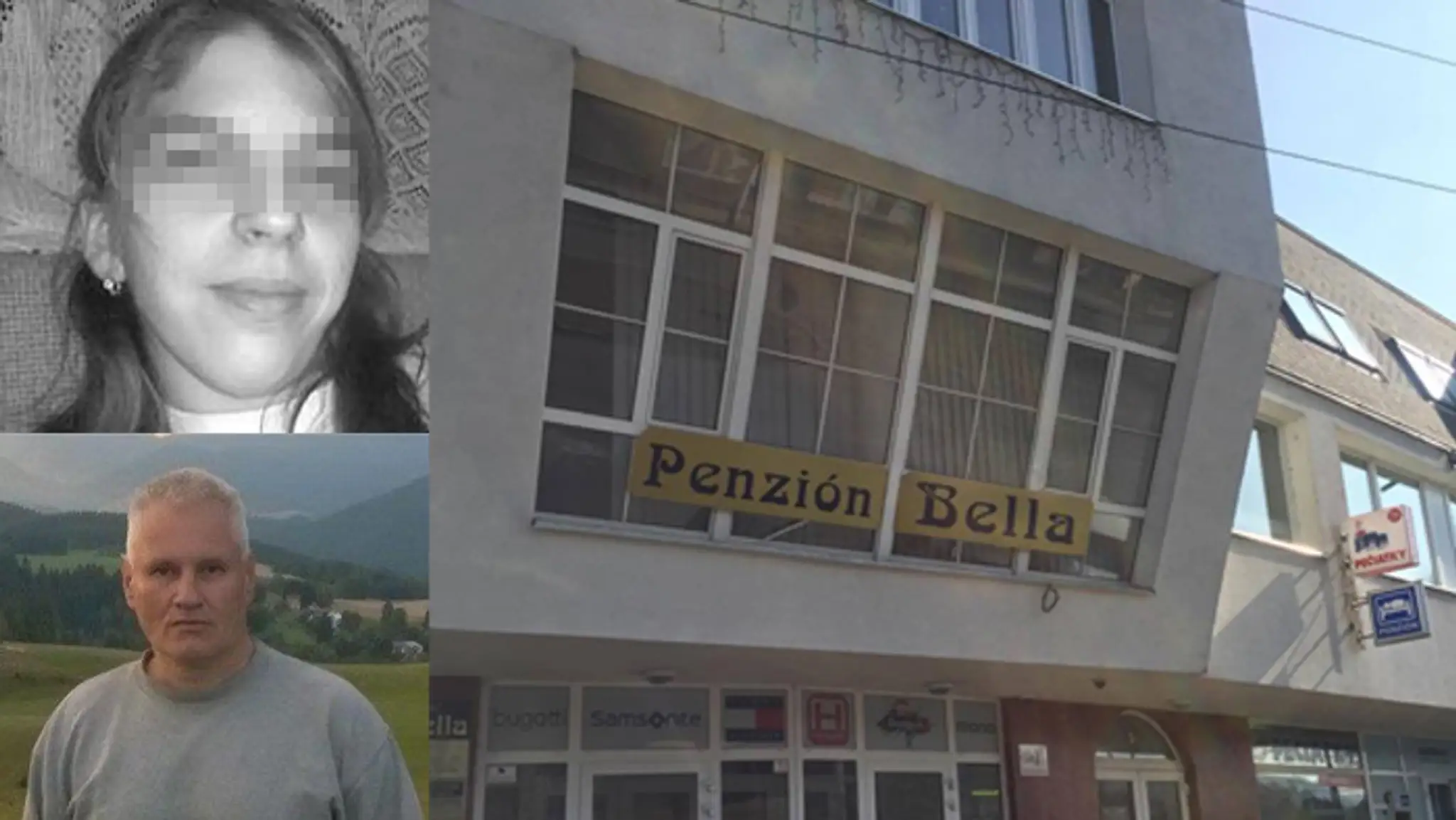 Vľavo hore obeť Eva K., vľavo dole vrah Miroslav Š. a vpravo penzíon, kde sa vražda stala.
