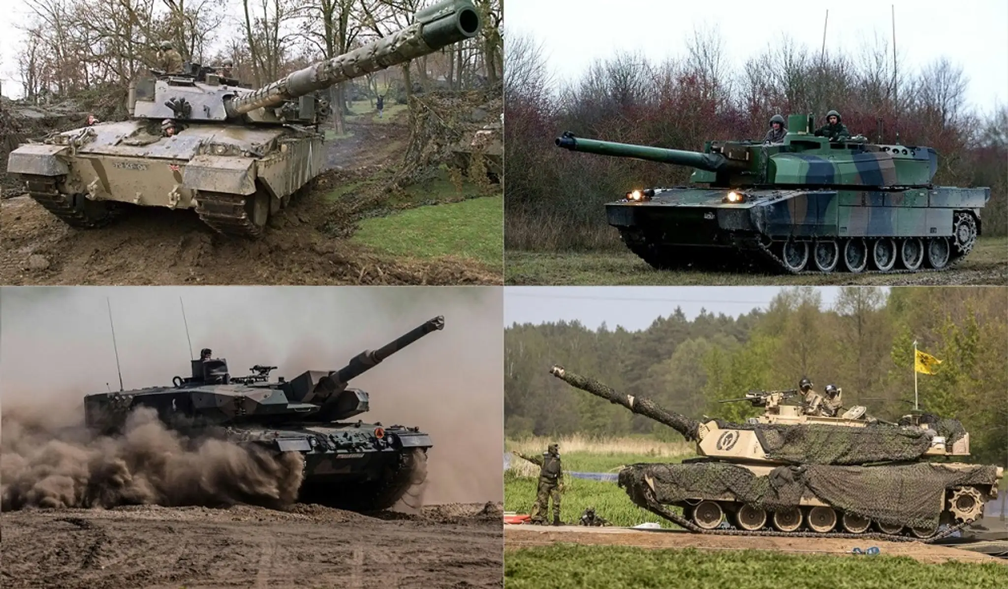 Britský tank Challenger 2 (vpravo hore), francúzsky Leclerc (vľavo hore), nemecký Leopard 2 (vľavo dole) a americký Abrams M1 (vpravo dole).