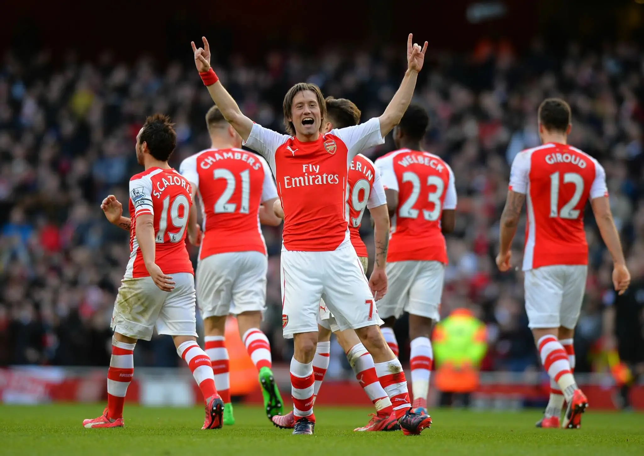 Tomáš Rosický z Arsenalu oslavuje gól do siete Evertonu (marec 2015).