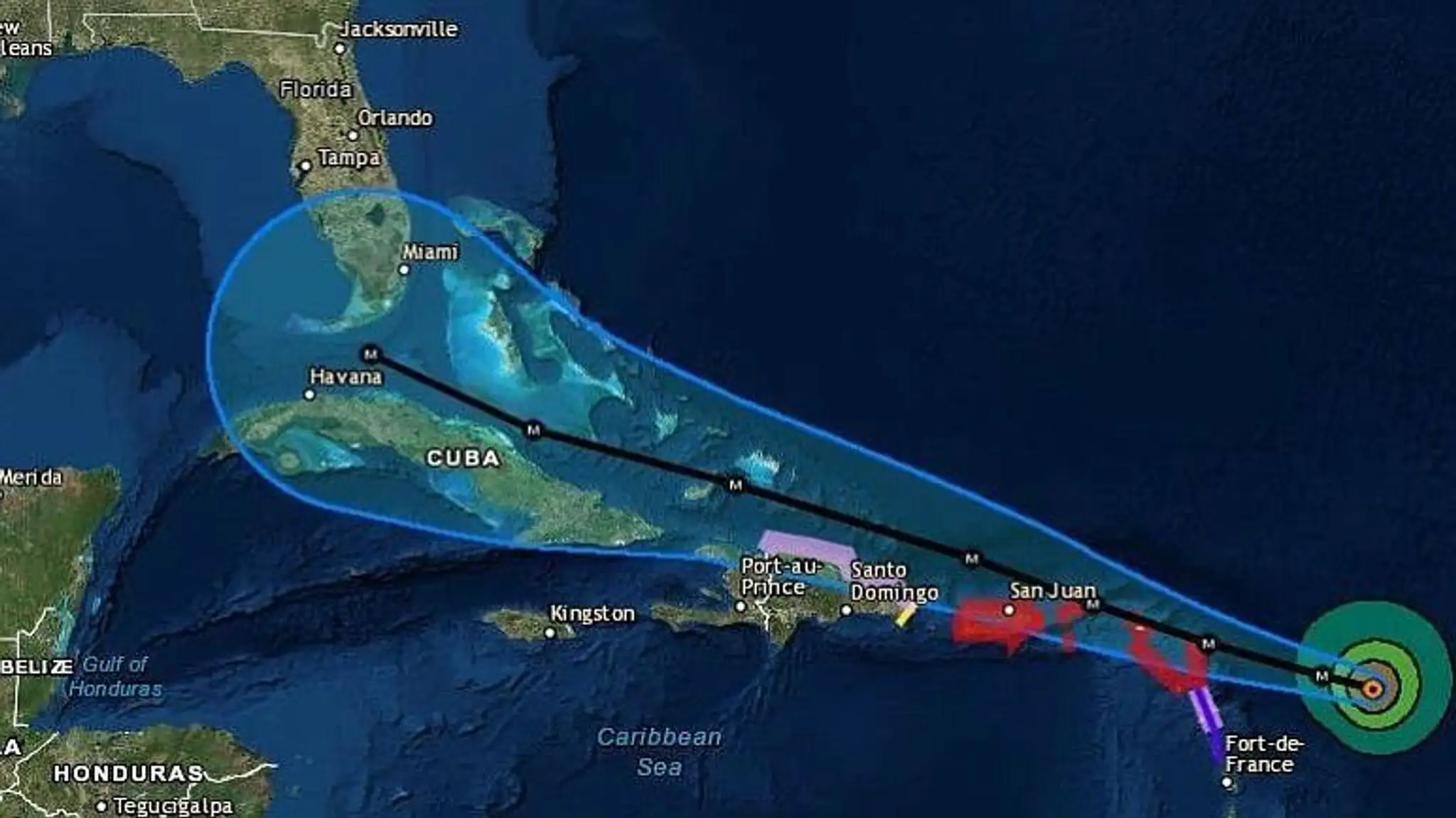 Predpokladaná trasa hurikánu Irma.