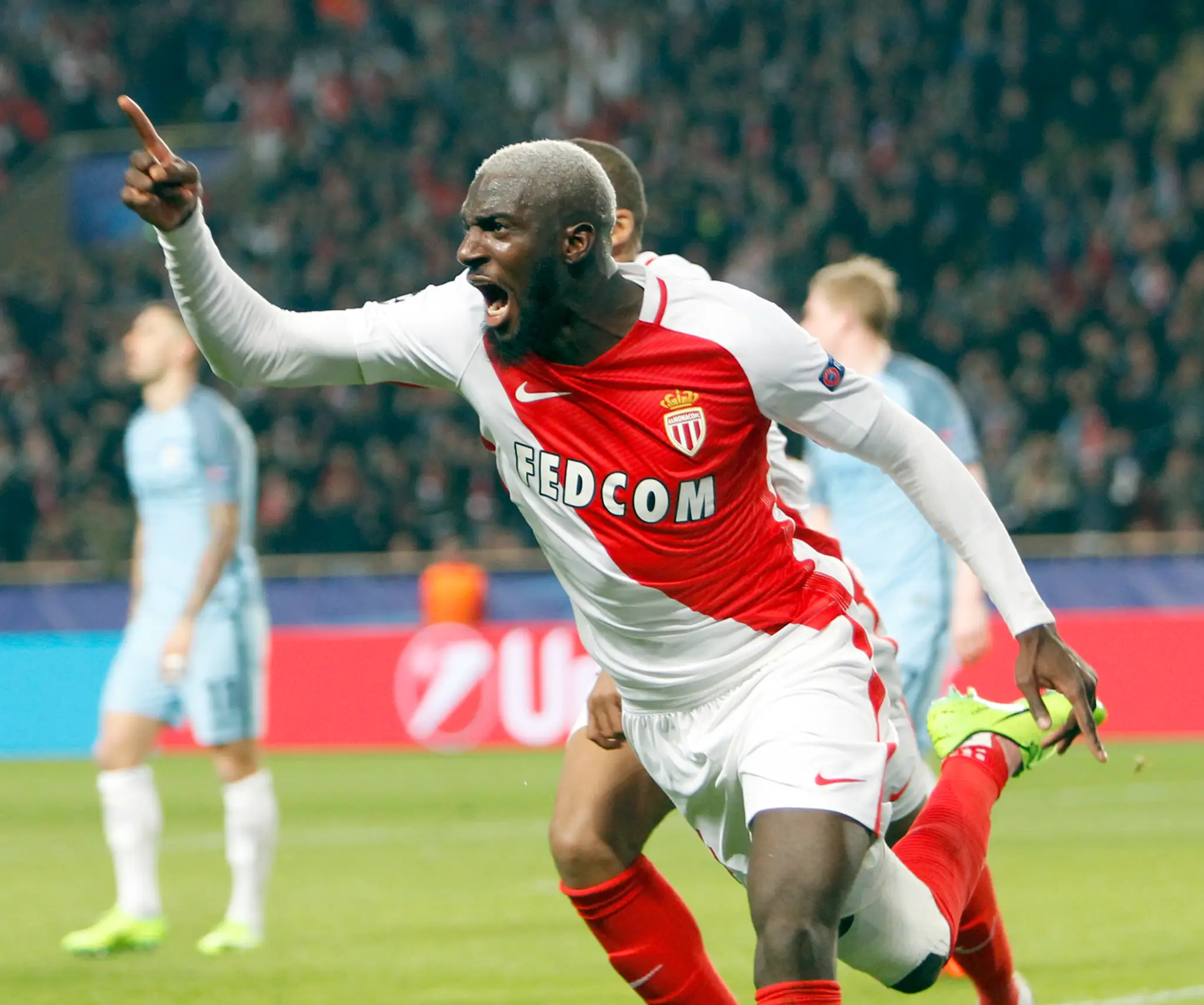Tiemoué Bakyoko z Monaca jasá po góle proti ManCity v odvete osemfinále LM.