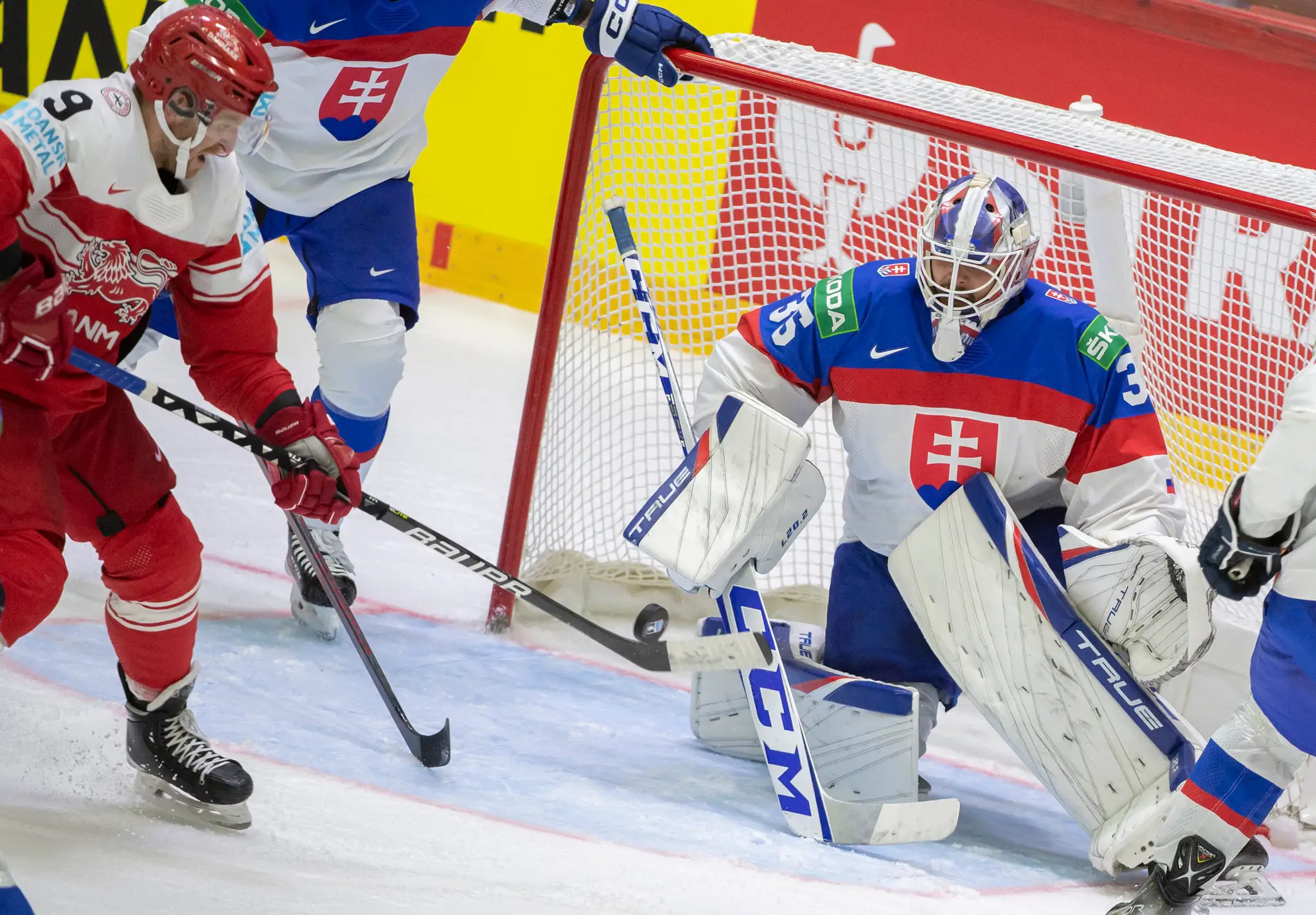 Na snímke vpravo brankár Adam Húska (Slovensko) a vľavo Frederik Storm (Dánsko) v zápase MS 2022.