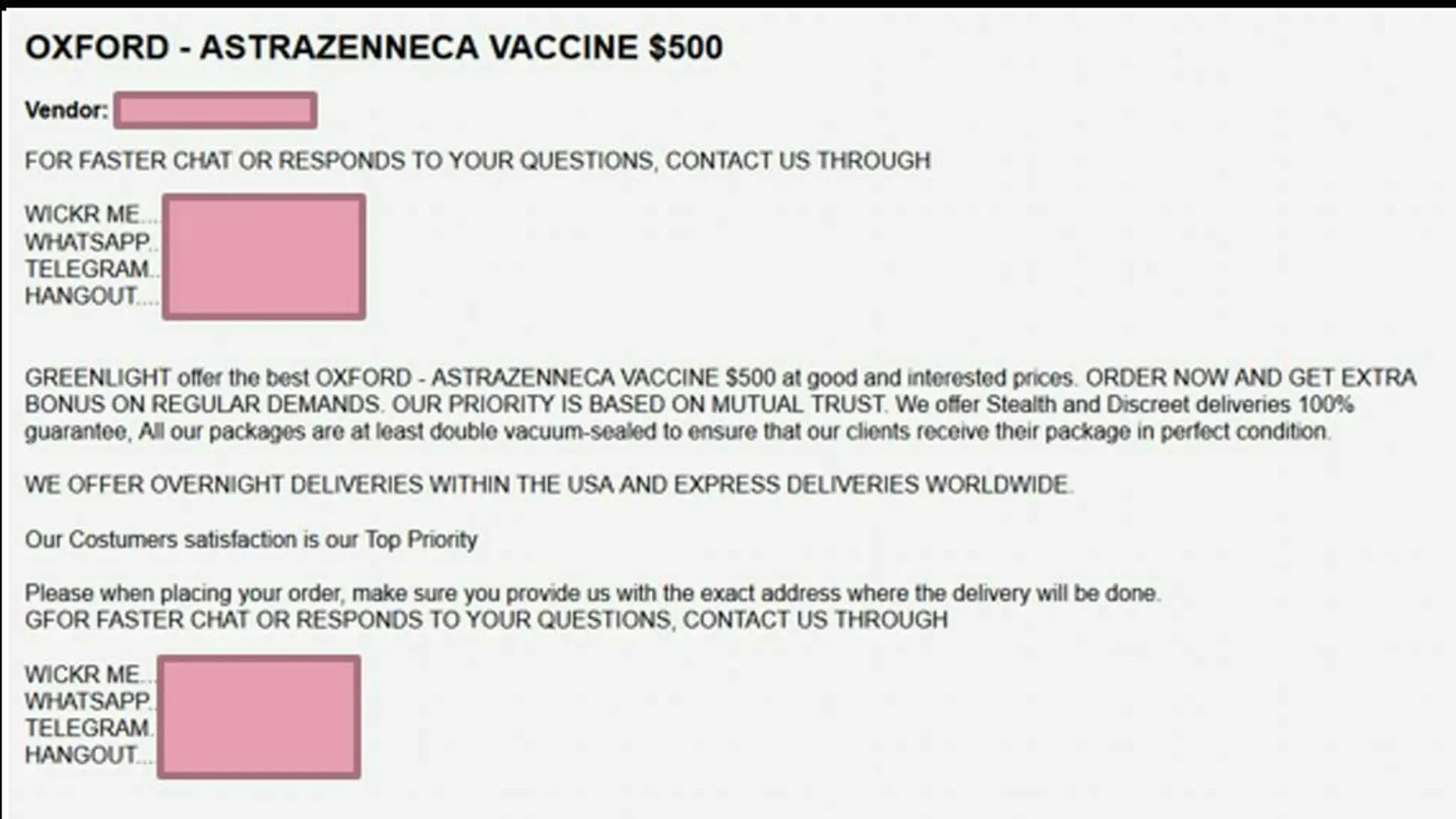 Inzerát na darknete na vakcínu AstraZeneca