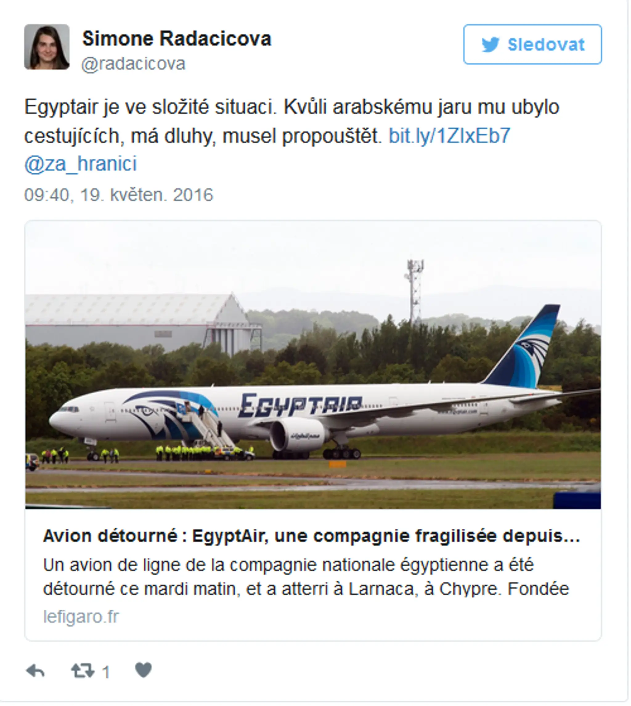 Tweet, spoločnosť EGYPTAIR je v zložitej situácii..png