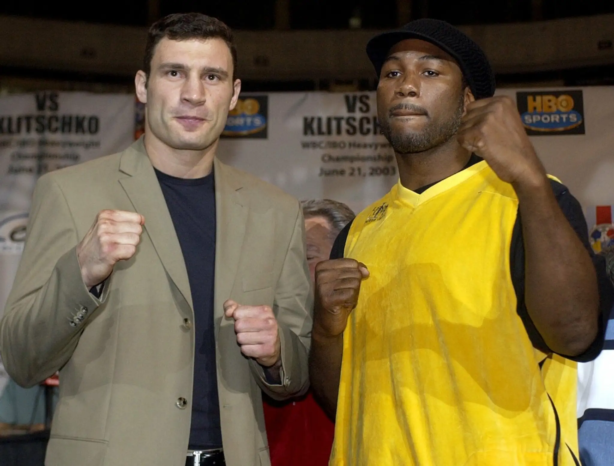 Vitalij Kličko a Lennox Lewis pred vzájomným súbojom v roku 2003.